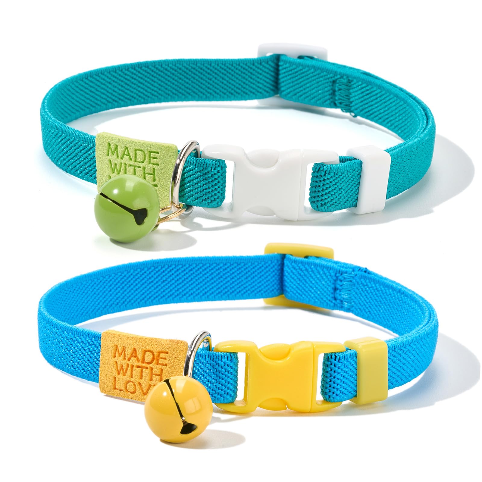 Petiry 2-Pack Elastic Cat Collars with Bell,Non-Breakaway, Quick-Release Buckle Design, Colorful Blue & Teal for Kittens Cats