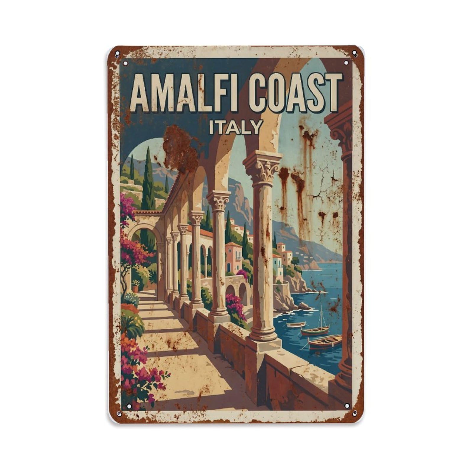 Vintage Travel Colonnade Italy Seaside Metal Tin Sign Plaque Wall Decor for Cafe, Club Bar, Office, Home Garden Metal Poster 8x12Inch