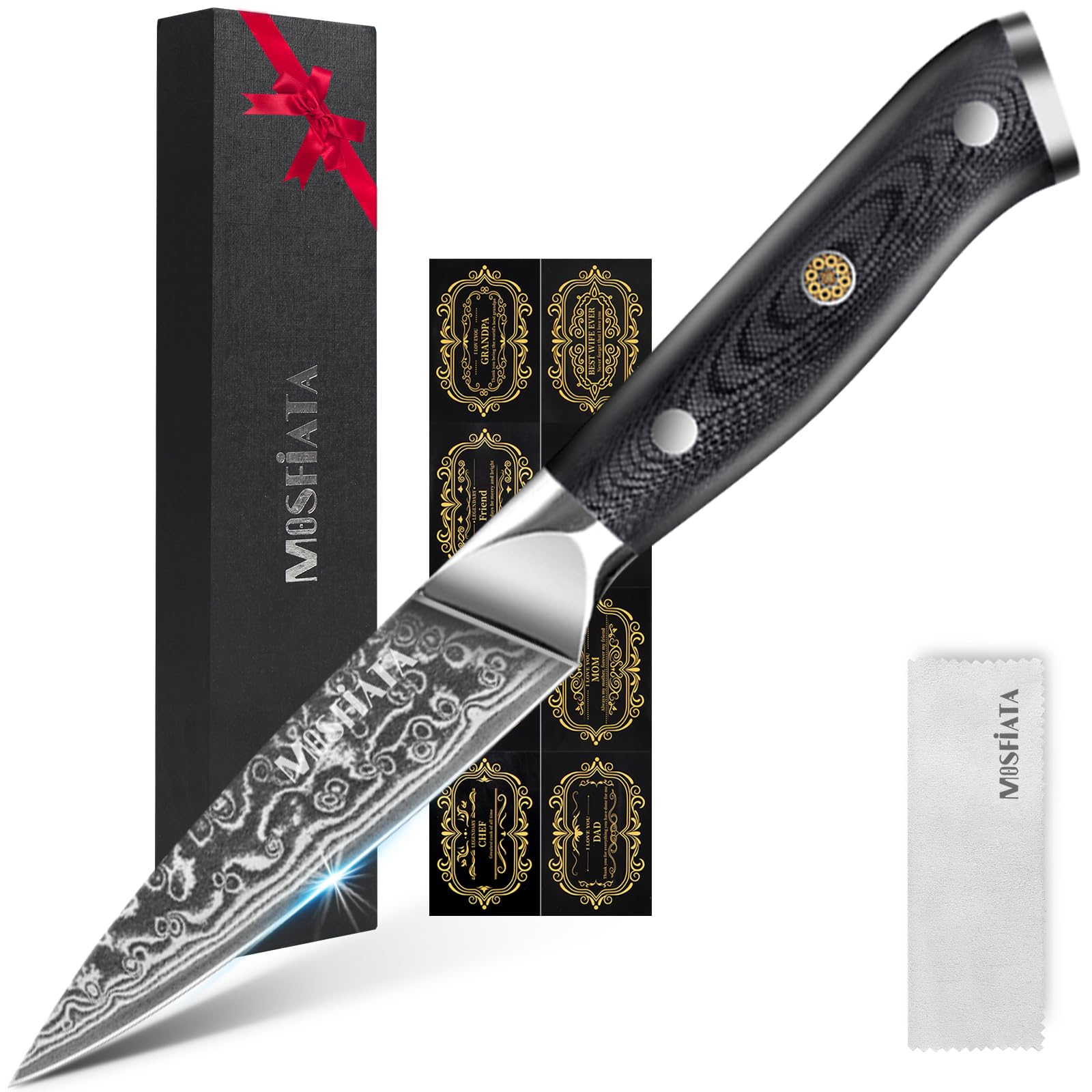 MOSFiATA Damascus Paring Knife, 3.5 inch Fruit Knife Ultra Sharp Small Kitchen Knives with 67-Layer Damascus Steel VG-10 Blade, Professional Peeling Knives with Ergonomic G10 Handle Gift Box