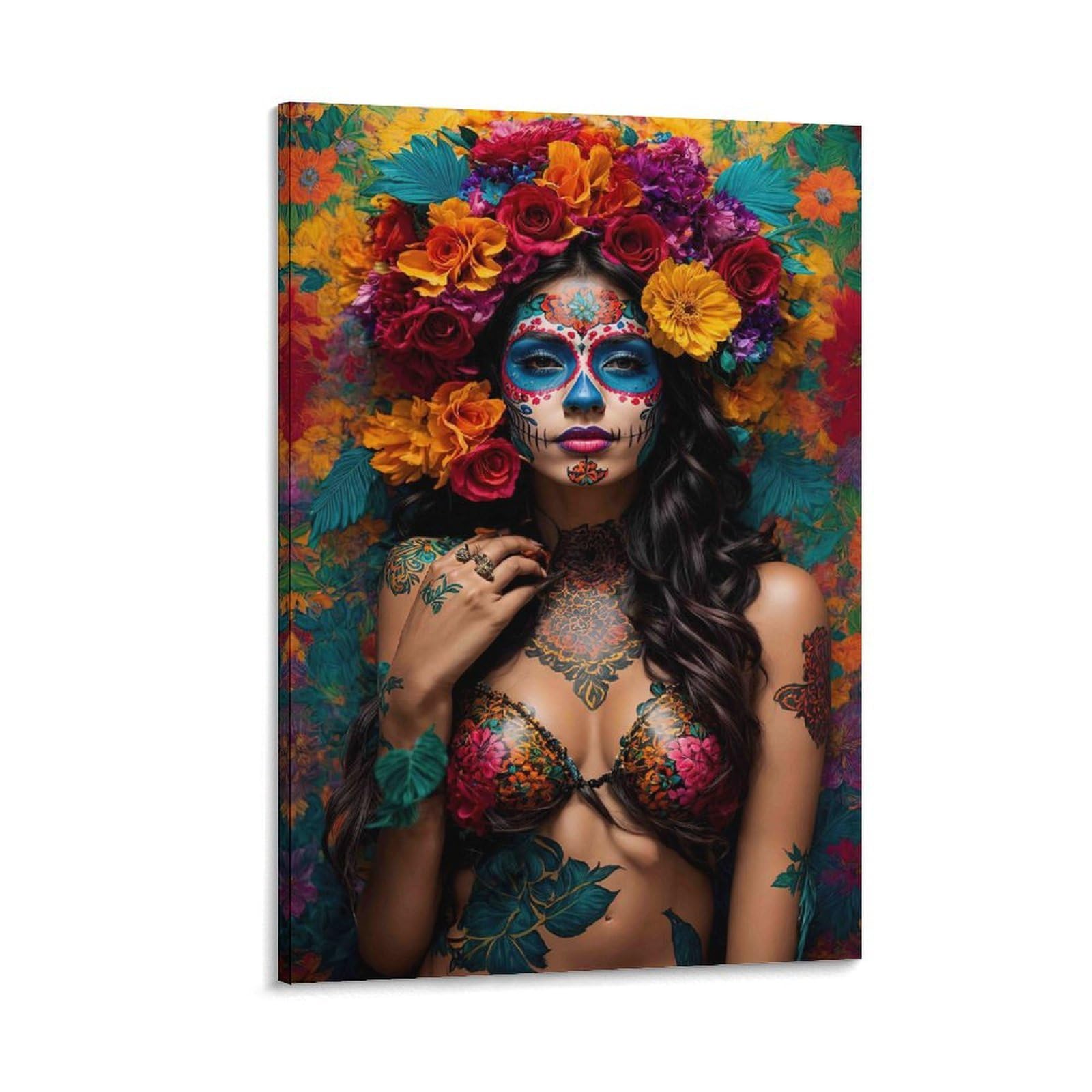 DHBANEIOK Day of Dead Woman Poster Artwork Canvas Prints Picture Modern Canvas Wall Art Picture Wall Hanging for Bathroom Wall Decor 20x30inch(50x75cm)