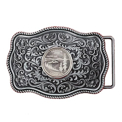 US 2005 Oregon State Quarter BU Uncirculated Coin Silver Tone Belt Buckle NEW - Beautiful Western Scroll Design