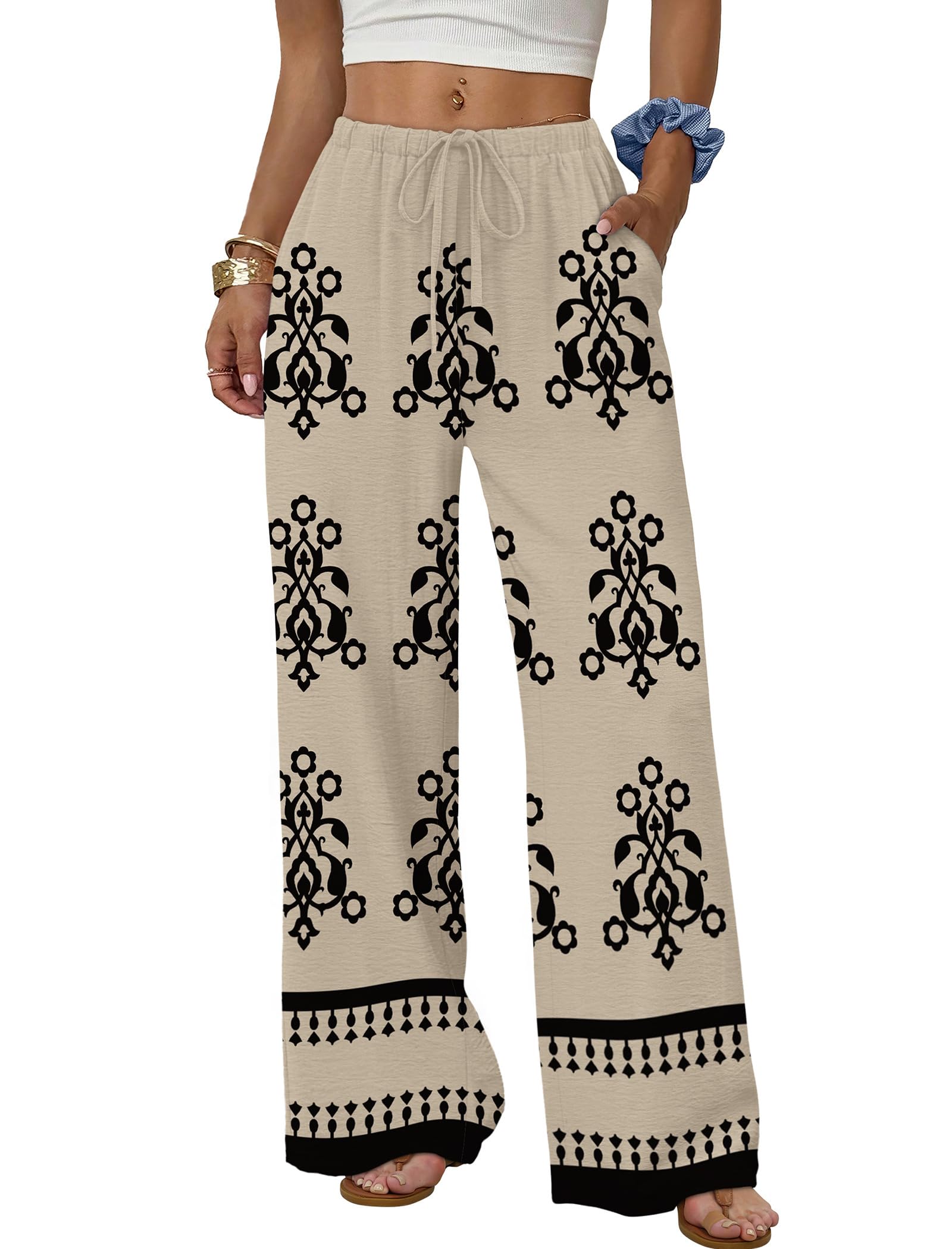 Sampeel Wide Leg Pants for Women Flowy Palazzo Drawstring Elastic Waist Trousers with Pockets Summer Beach Vacation Clothes Pattern Kah Large