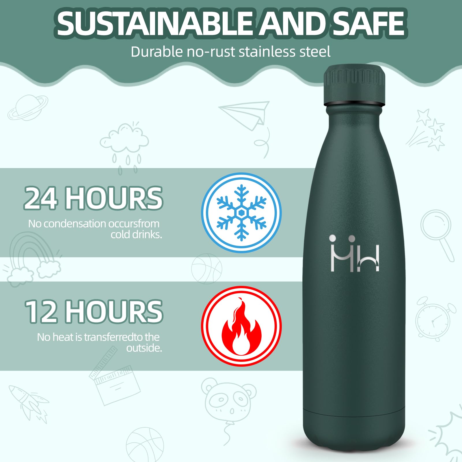 HoneyHolly Thermosfles, dubbelwandig, roestvrij staal, 500 ml, BPA-vrij, lekvrij, voor school, sportschool, sport, kantoor