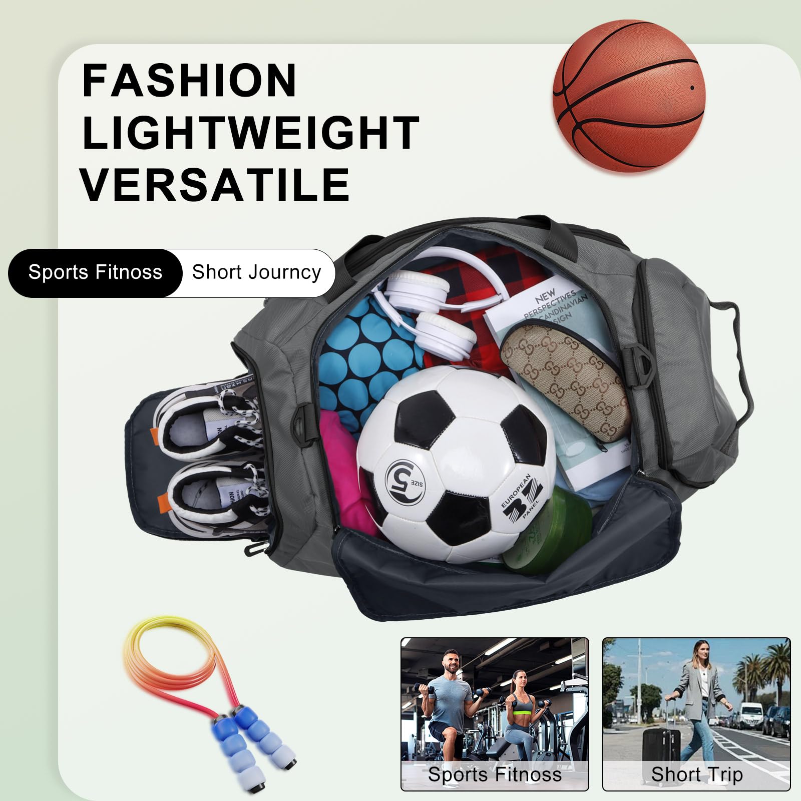 HUA ANGEL Borsone da palestra impermeabile per uomini e donne con scomparto per scarpe per viaggi, fitness, allenamento, calcio, pickleball Tenis, Grigio, Sportivo
