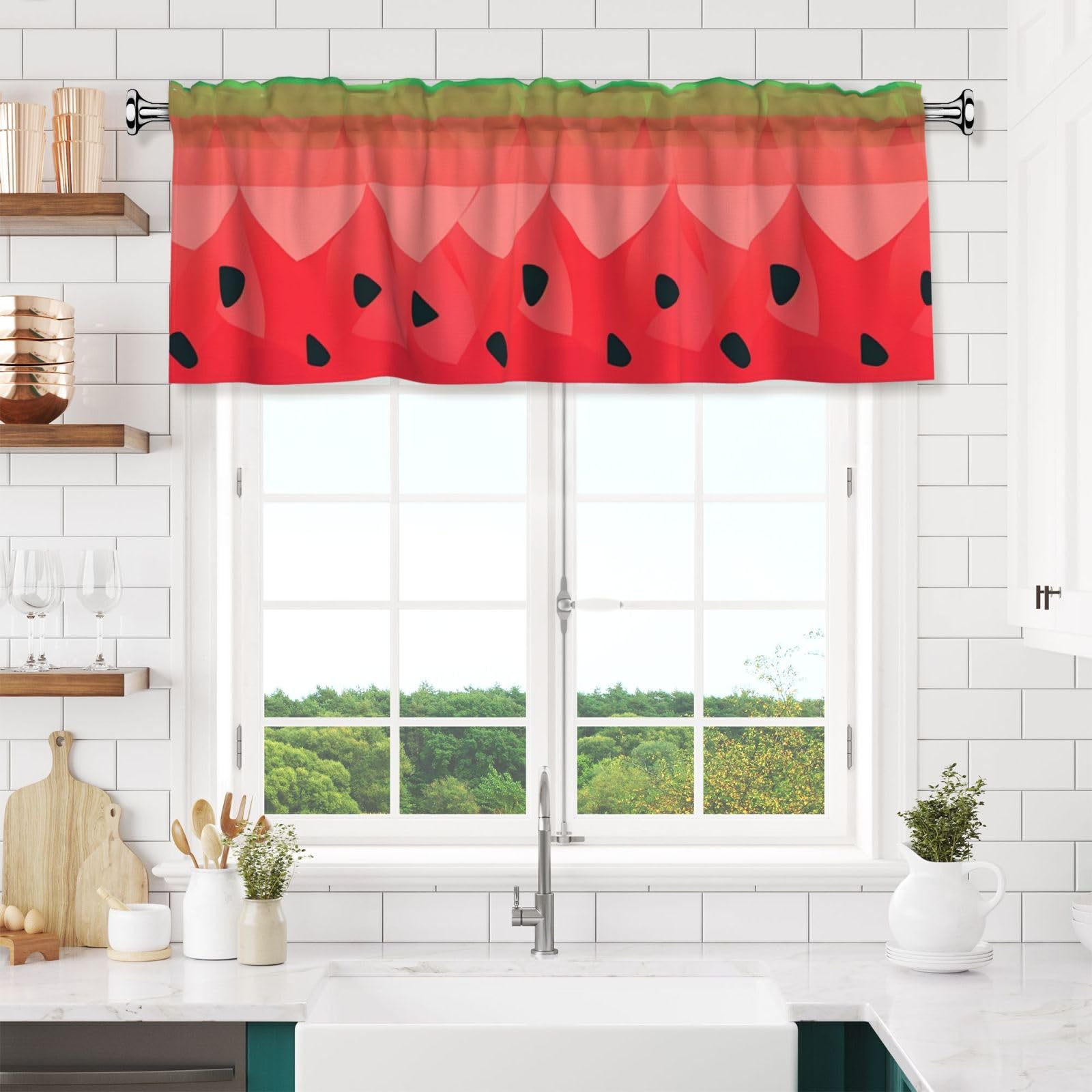NONHAI Gradient Watermelon Valances for Windows Short Curtains Rod Pocket Cafe Window Treatments Valance Curtains for Kitchen Bathroom Laundry Basement Windows 54x18inch Blackout Window Valance