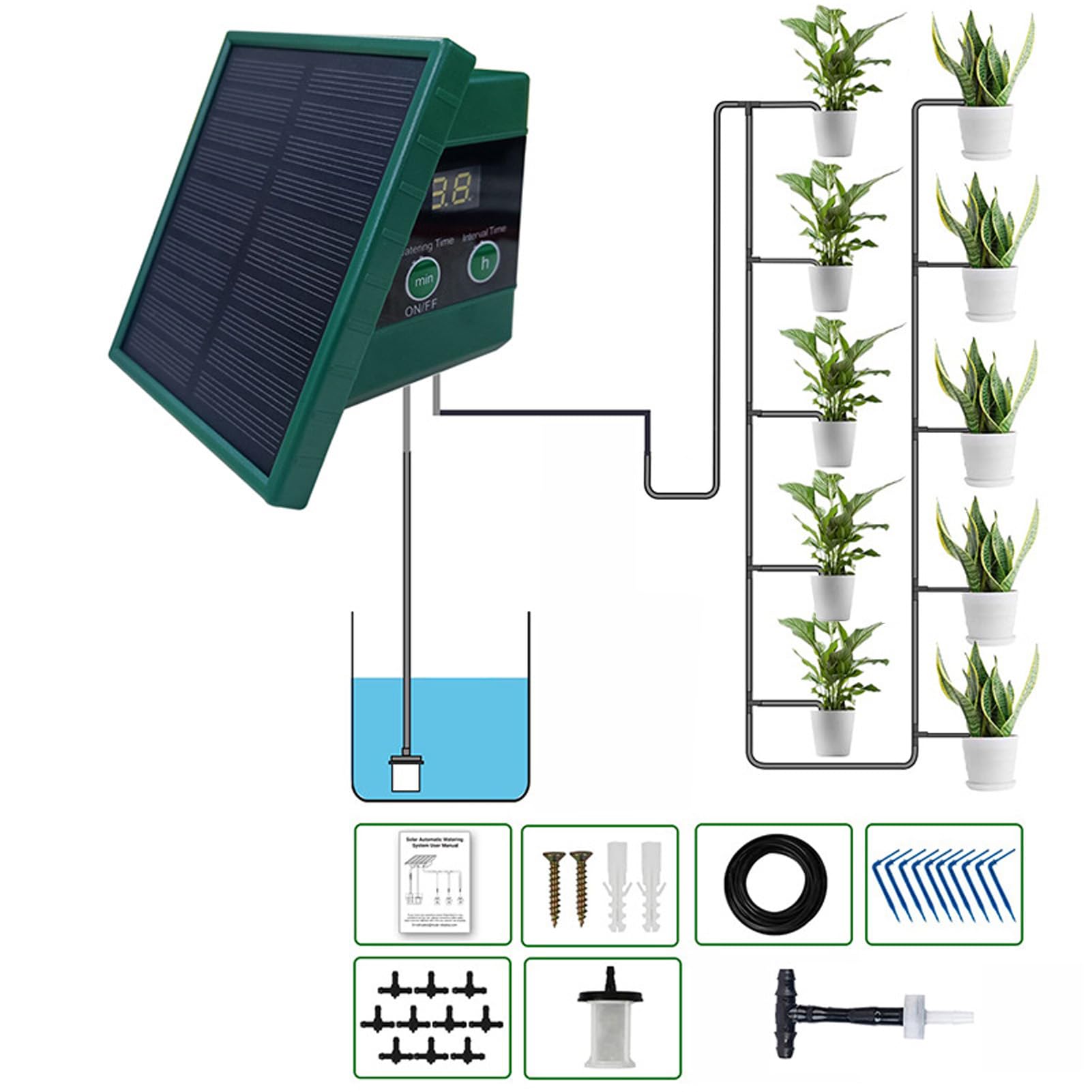 de riego por goteo solar para jardín Pantalla digital de riego automático para 10 plantas en macetas con modos de temporizador 30x7 Kit de riego por goteo antisifón