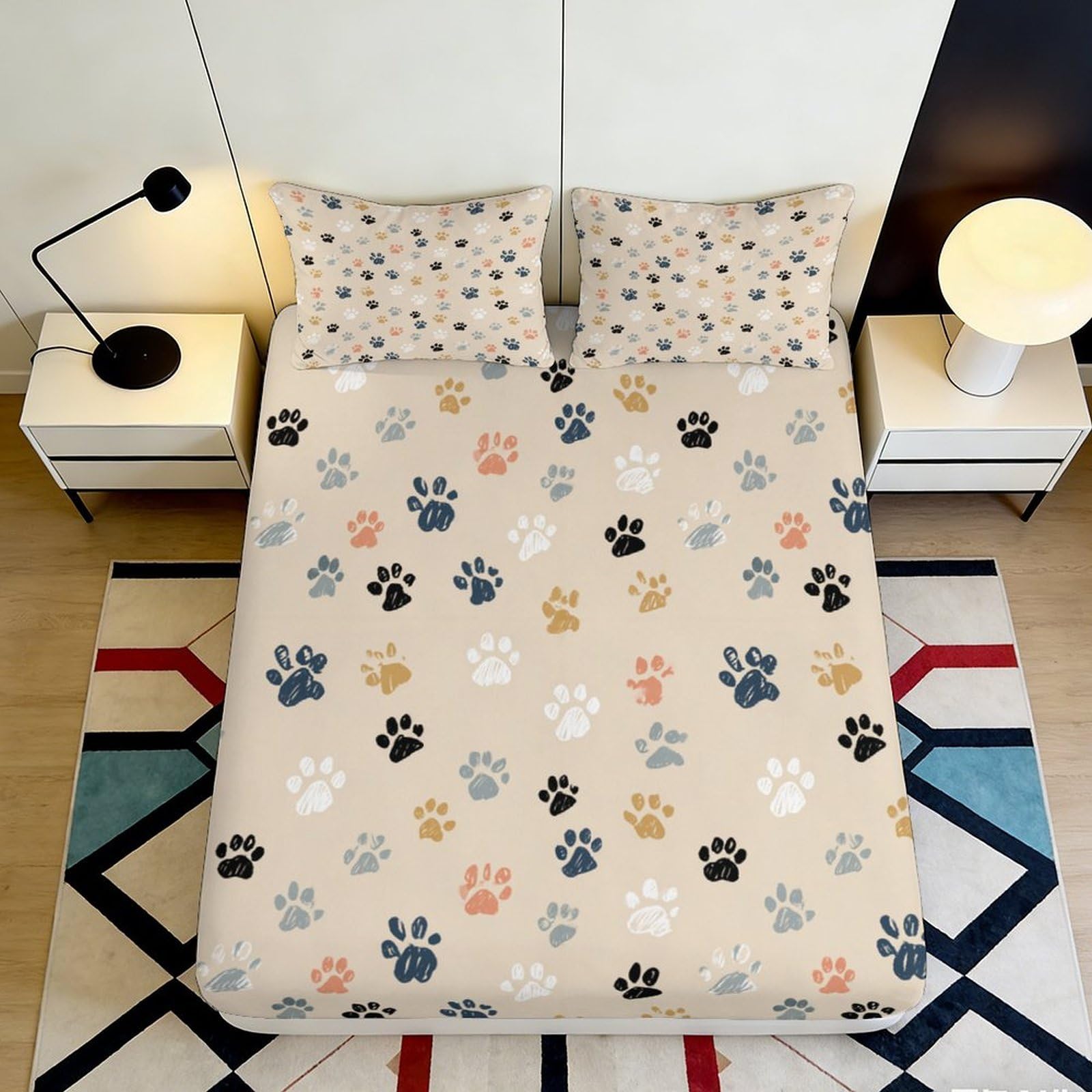 3D Printed Paw Print Fitted Sheet Microfiber Soft Breathable Colorful Paw Pattern Mattress Cover for Bedroom Dormitory Guest Room Mattress Protection Decor 120x200x25cm