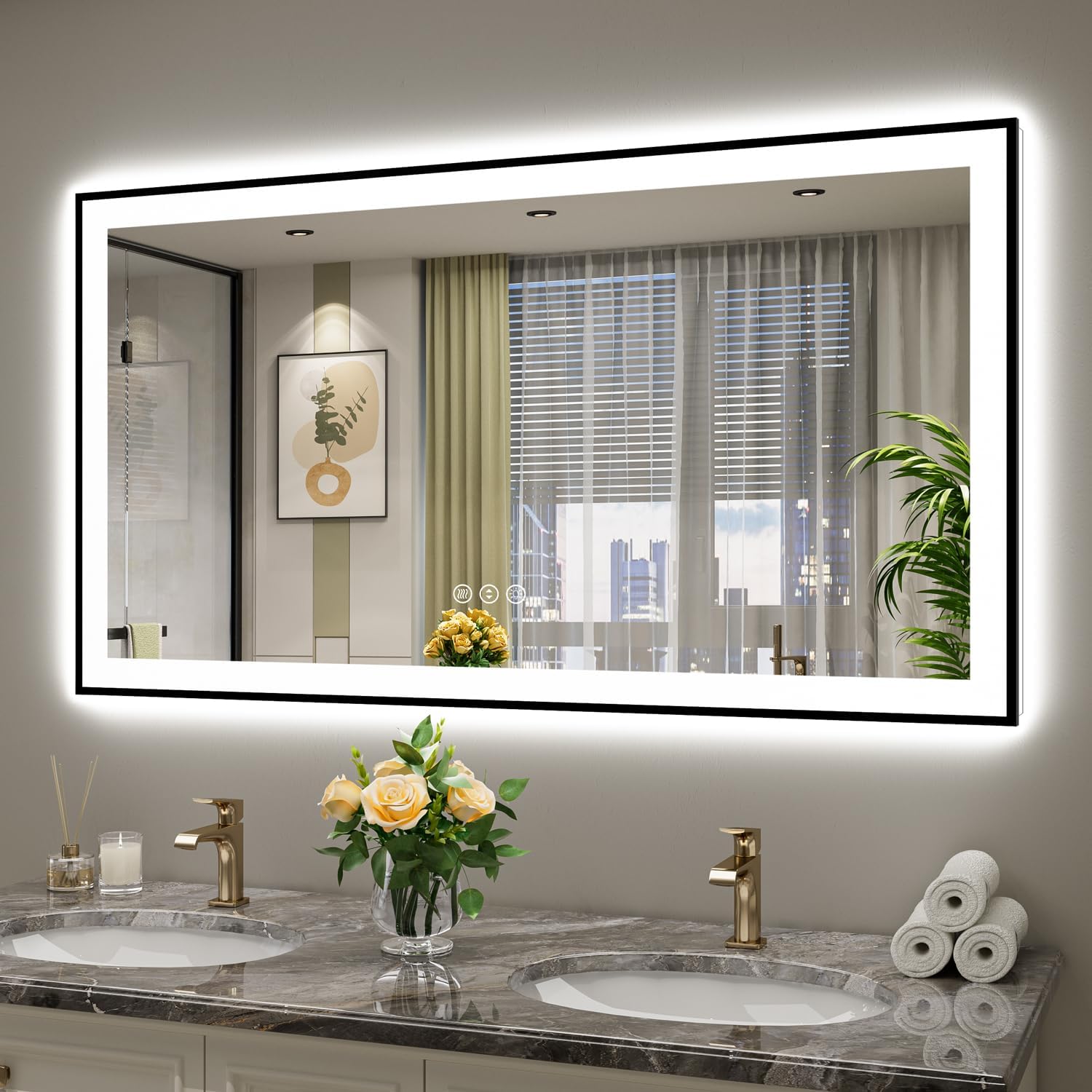 Photo 1 of  55x30 Inch LED Bathroom Mirror with Lights (Front Lit and Backlit) Black Framed Lighted Vanity Mirror for Bathroom Wall Dimmable Anti-Fog Memory Tempered Glass Horizontal/Vertical 