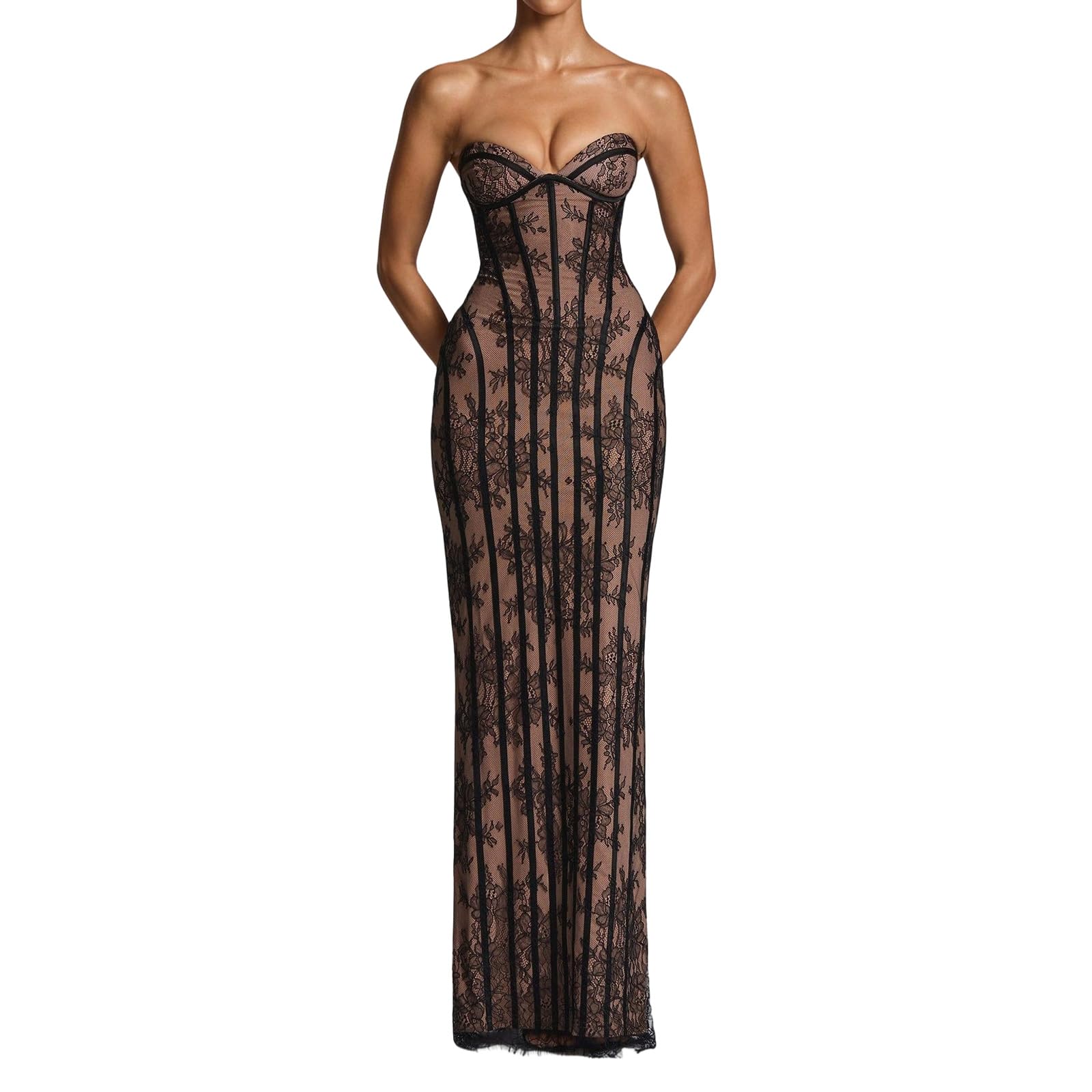 Abito da sera lungo formale da donna, senza spalline, pizzo floreale, corsetto, abito stretto per eventi sul tappeto rosso ed elegante riunioni, maxi abito aderente