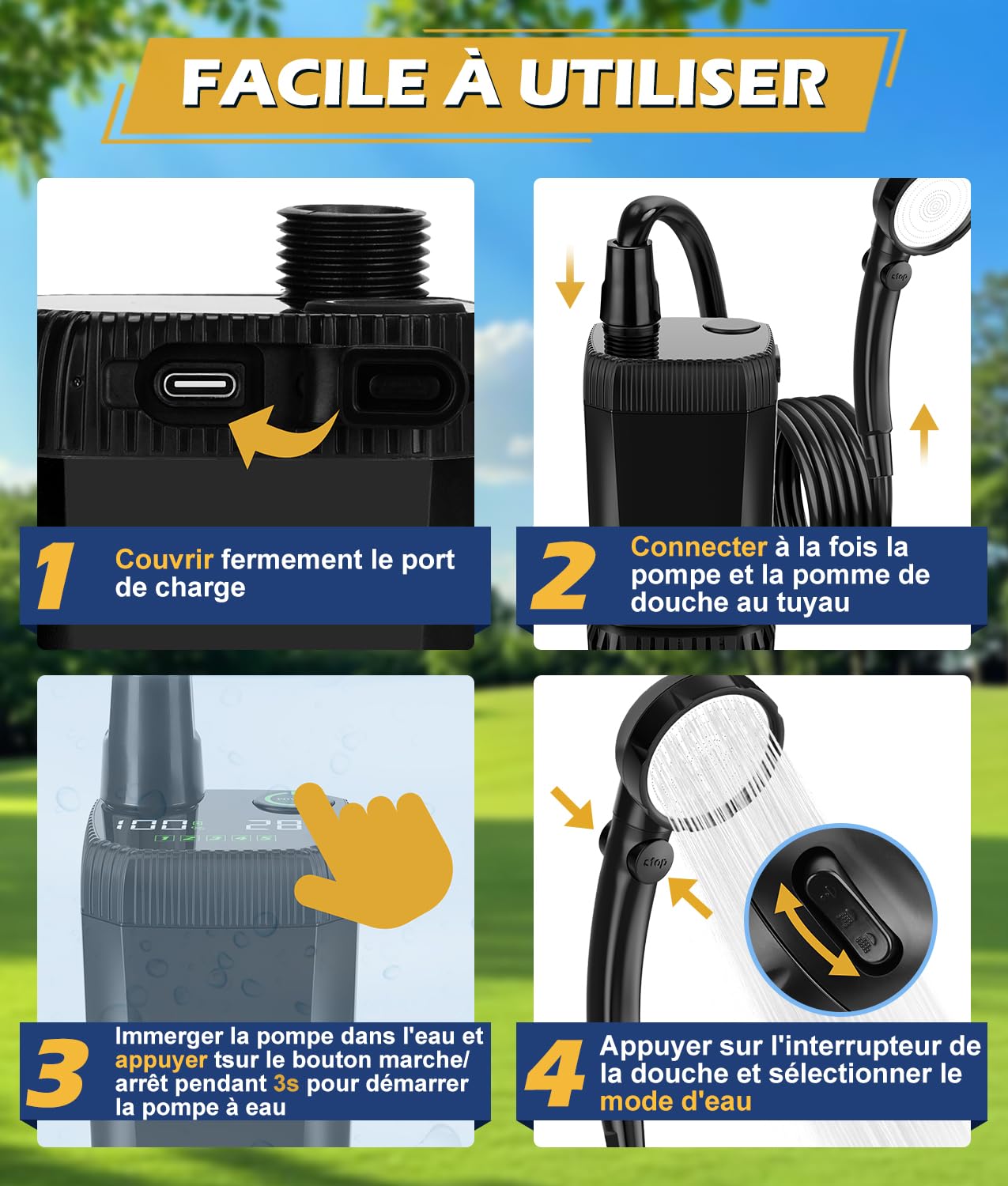 WADEO Douche Portable Camping avec Seau Pliable 20L & Pompe 5 Vitesses | 4 Modes Pulvérisation, Pompe Douche Rechargeable 4500 mAh avec Écran LED, IPX8, Douche Camping pour Voyage, Animal, Voiture