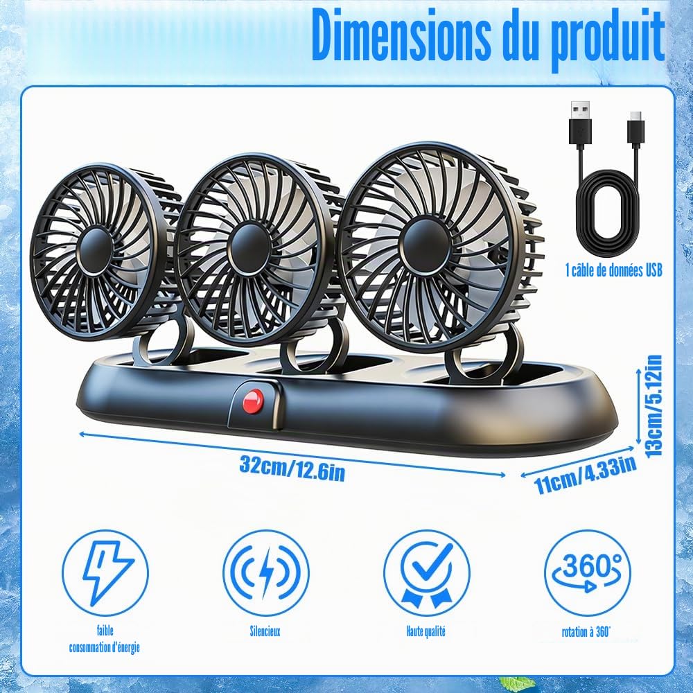 Ventilateur de voiture 12 V, ventilateur de voiture avec 3 vitesses, ventilateur de voiture portable rotatif à 360 °, ventilateur de voiture 12 V, ventilateur à trois têtes pour voitures, vans