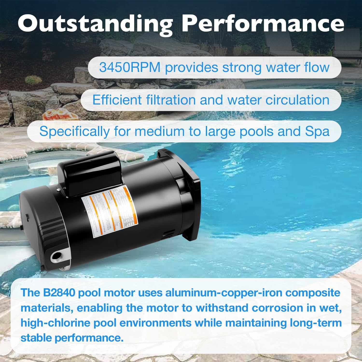 B2840 2.5HP Pool Pump Motor 56Y Frame 3450RPM -Compatible with A.O. Smith, Pentair Sta-Rite, Century, Hayward Swimming Pool Pump Motors