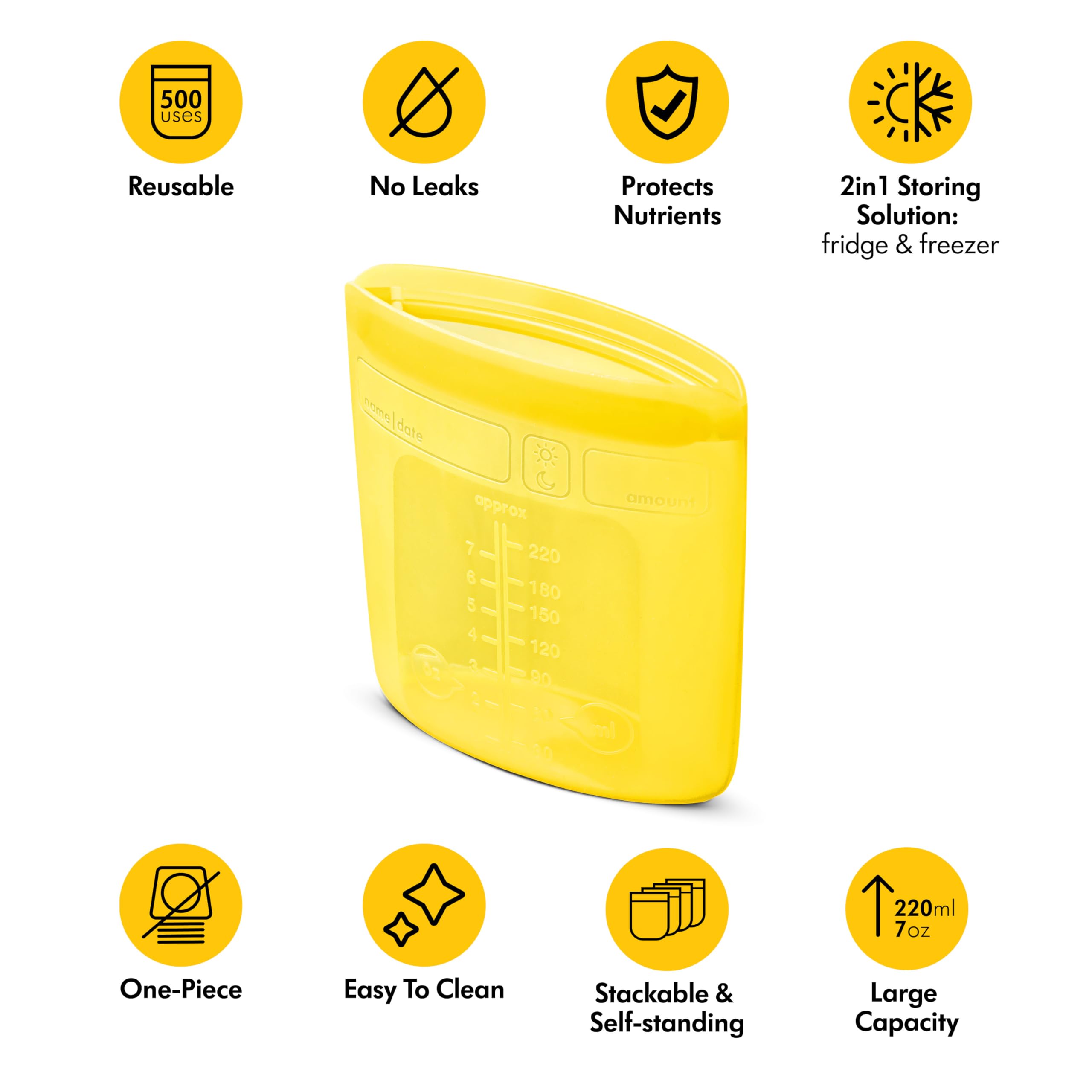 Medela Sacche per Latte Materno Riutilizzabili con Ampia Apertura e Design Monopezzo a Doppia Chiusura Ermetica, Conservabili in Frigo e Freezer, 220 ml, per 500 Utilizzi