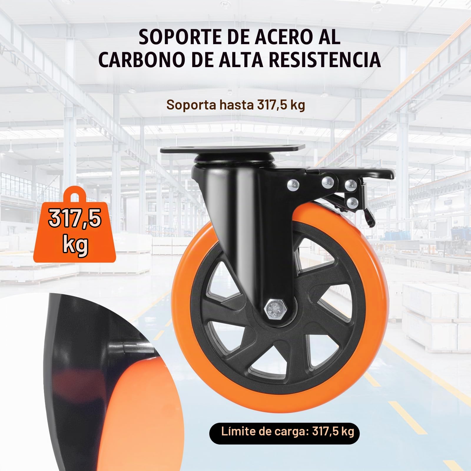 VEVOR Ruedas Giratorias con Placa Juego de 4 Ruedas para Muebles, Ruedas Silenciosas de PVC de 152,4 mm con Freno de Bloqueo A/B, Capacidad de Carga de 318 kg por Rueda para Carros de Banco de Trabajo