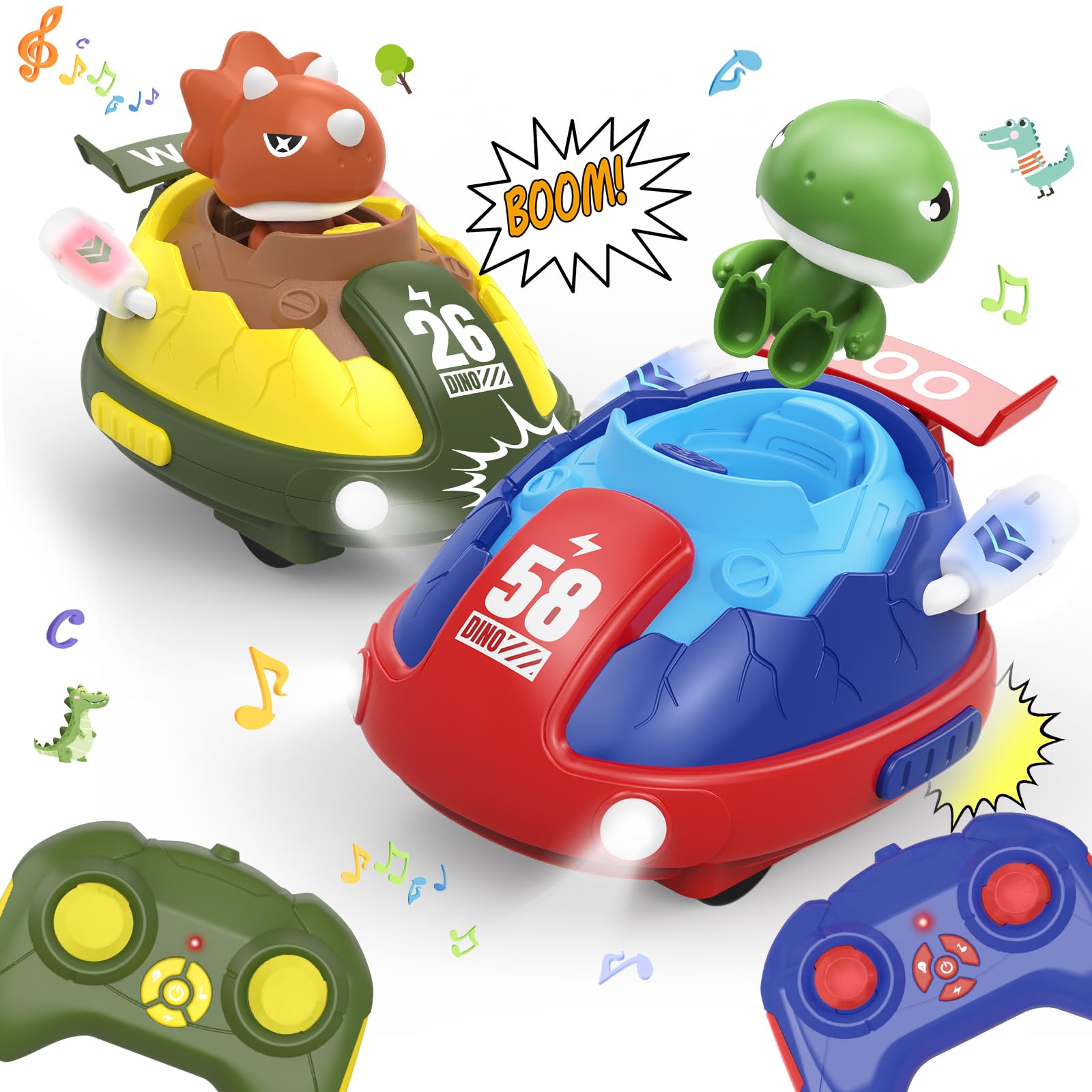 PRANITE Coche Teledirigido, Paquete de 2, Dinosaurio RC Bumper Car de Juguete, con Luz LED y Música, Recargable Juguetes Interactivos Regalos para Niños y Niñas