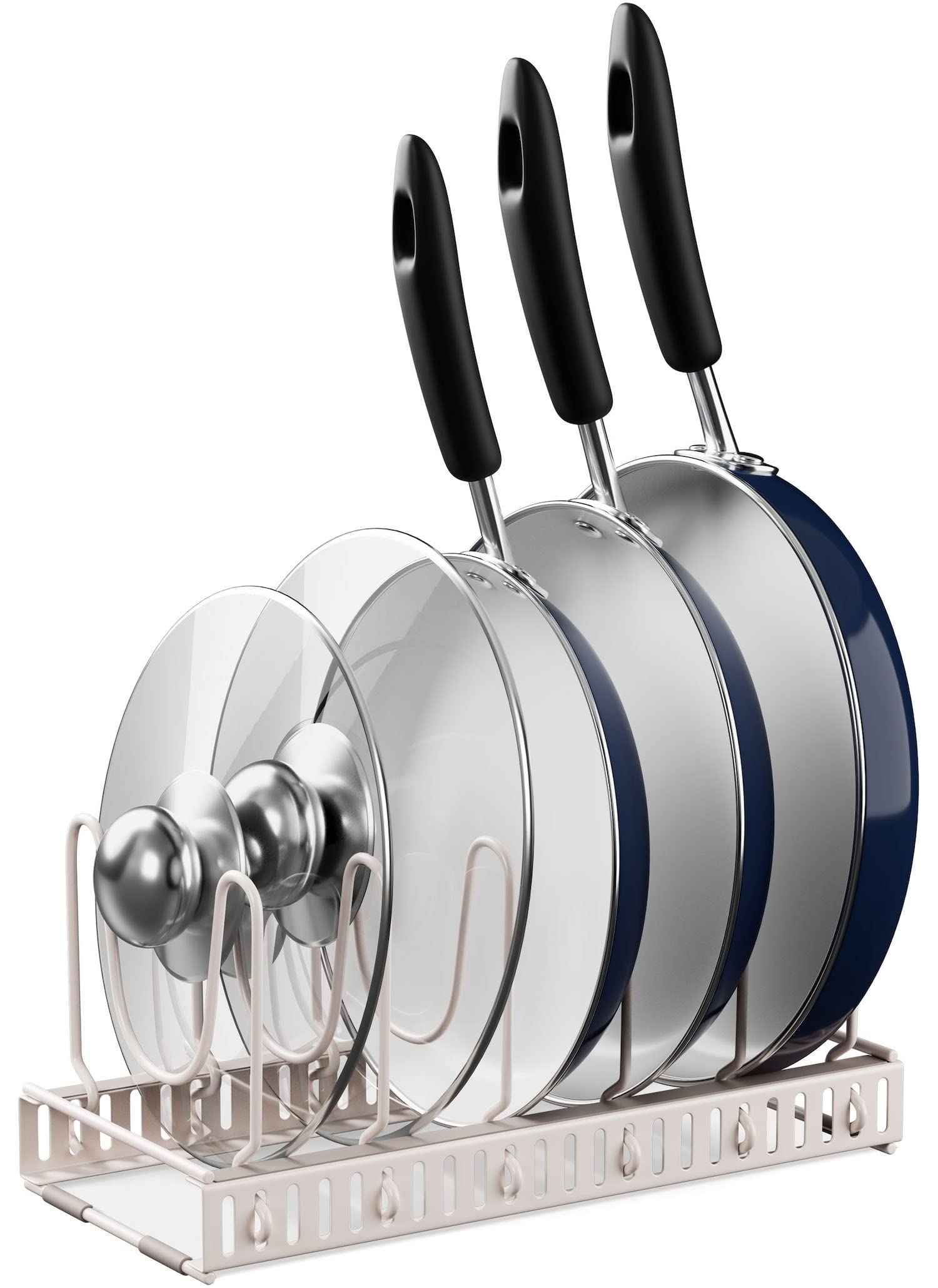 Anti-Scratch Adjustable Compartments by BTH Expandable Pot and Pan  Organizer Rack for Cabinet – Heavy Duty Pot Lid Organizer for Kitchen  Cabinet Under