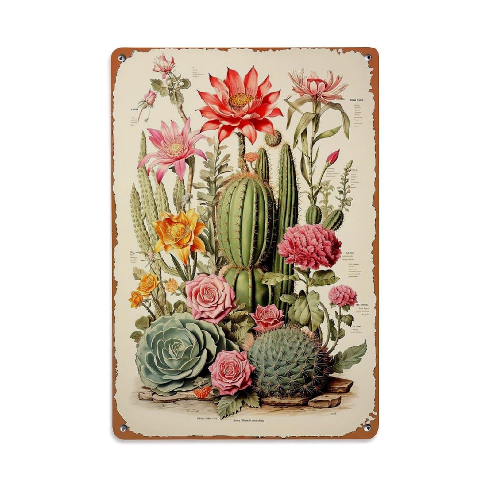 Nestemfo Vintage Botanical Cactus Flower Illustration Tin Sign Metal Sign, Living Room,Bar, Home, Bedroom Wall Decor,Retro Metal Poster 8X12 Inches