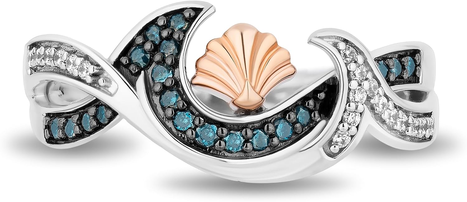 Jewelili Enchanted Disney Fine Jewelry Sterling Silver and 10K Rose Gold with 1/5 CTTW White and Blue Diamond Ariel Seashell Ring