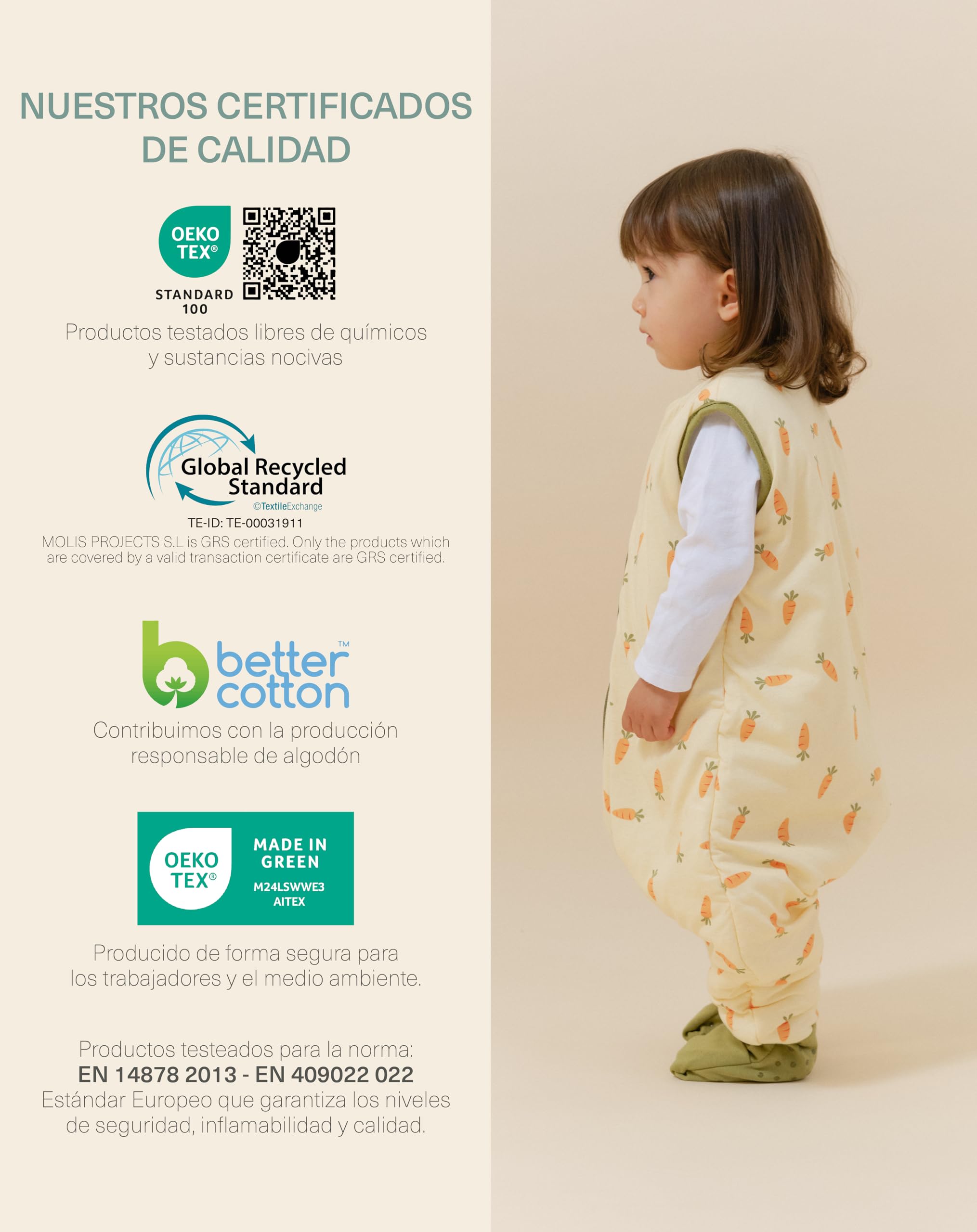 molis&co - Pijama Manta con Calcetines Antideslizantes 2.5 TOG - 90 cm (3 años) - Ideal para Invierno - 100% algodón (Oeko-Tex 100) - Carrots