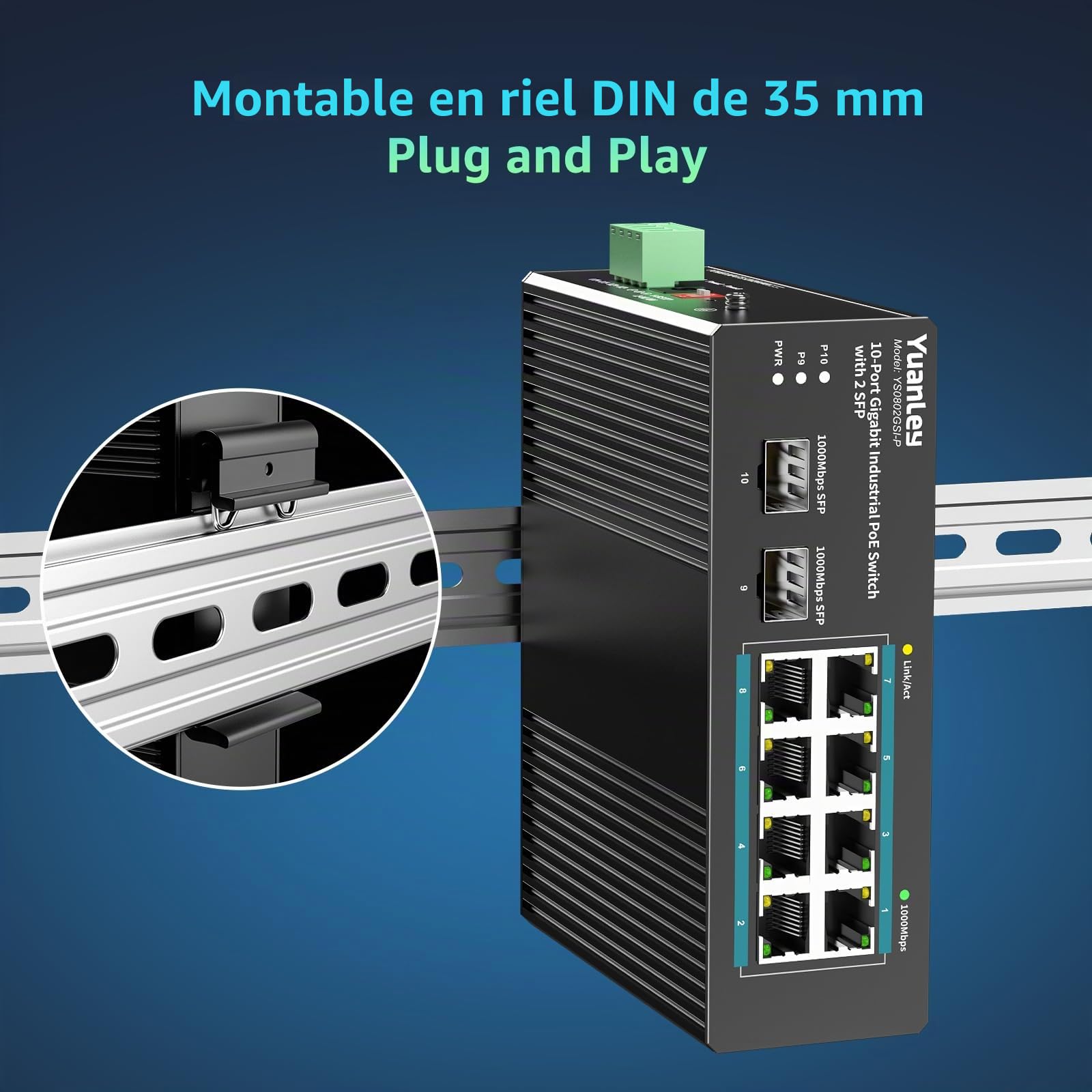 YuanLey Switch Industrial de 10 Puertos con 8 Puertos PoE Gigabit & 2 SFP, Switch PoE No Gestionado con Fuente de 120W, IEEE802.3af/at, VLAN & RSTP, DIN-Rail para Cámaras IP, Ap
