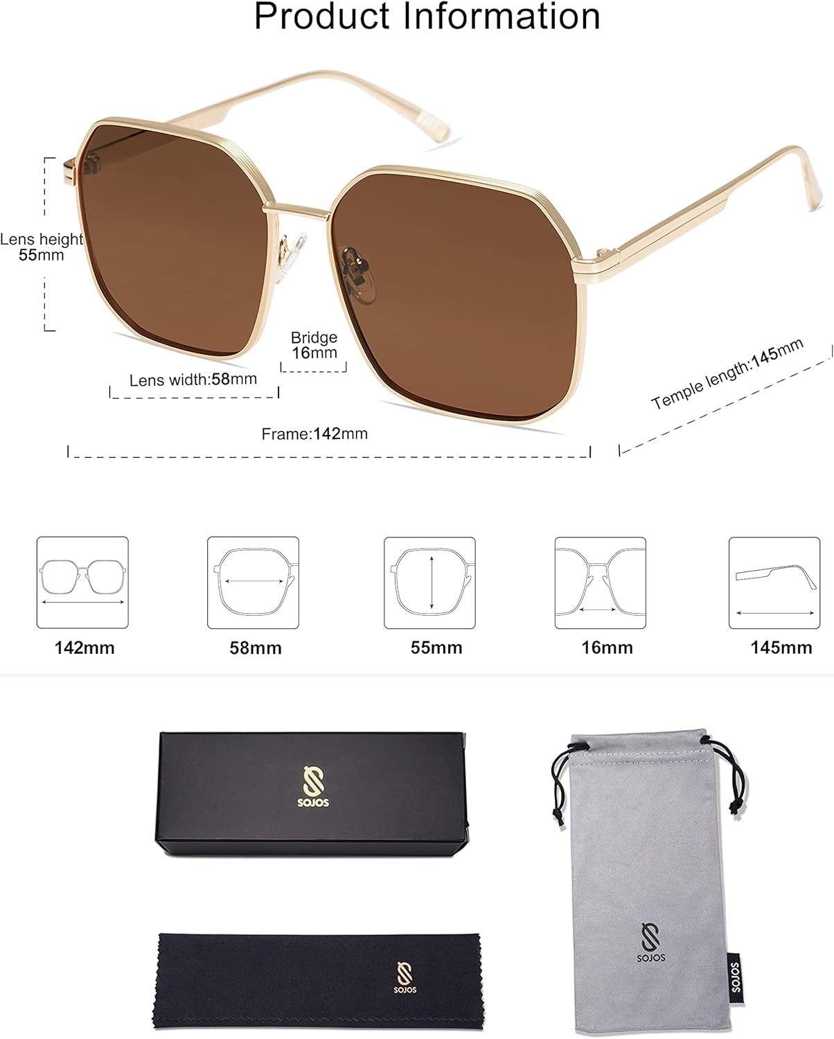 SOJOS Retro Square Polarized Sunglasses for Women Vintage Square Shades UV400 Large Metal Frame SJ1166B - Image 5