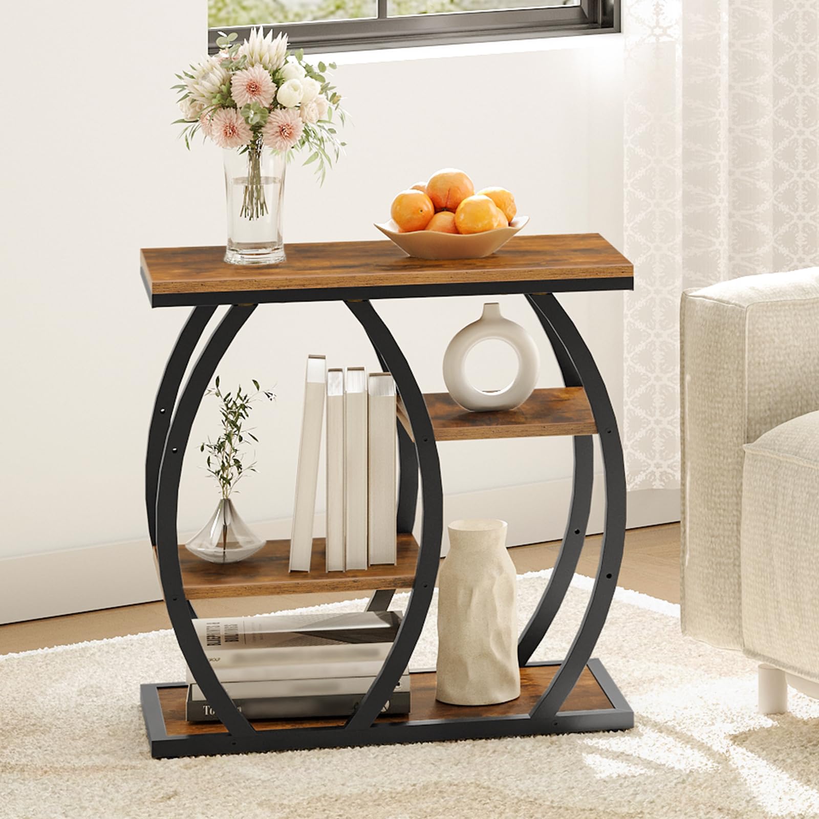 HOOBRO Mesa Auxiliar Estilo Industrial, Mesita de Centro con 4 Estantes, Mesa de Sofá Estrecha con Tableros y Estructura Metálica, para Sala, Dormitorio o Despacho, Marrón Vintage y Negro EBF164BZ01