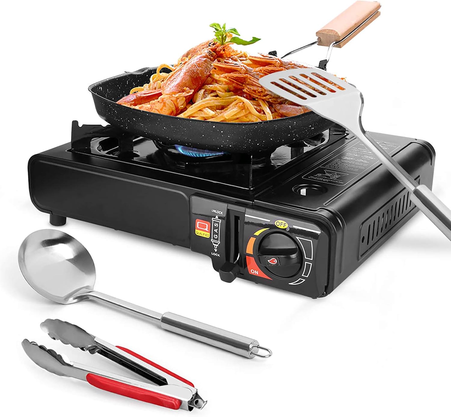 Odoland 6 pcs Camping Stove Set with Camping Cookware, Portable Butane Gas Stove