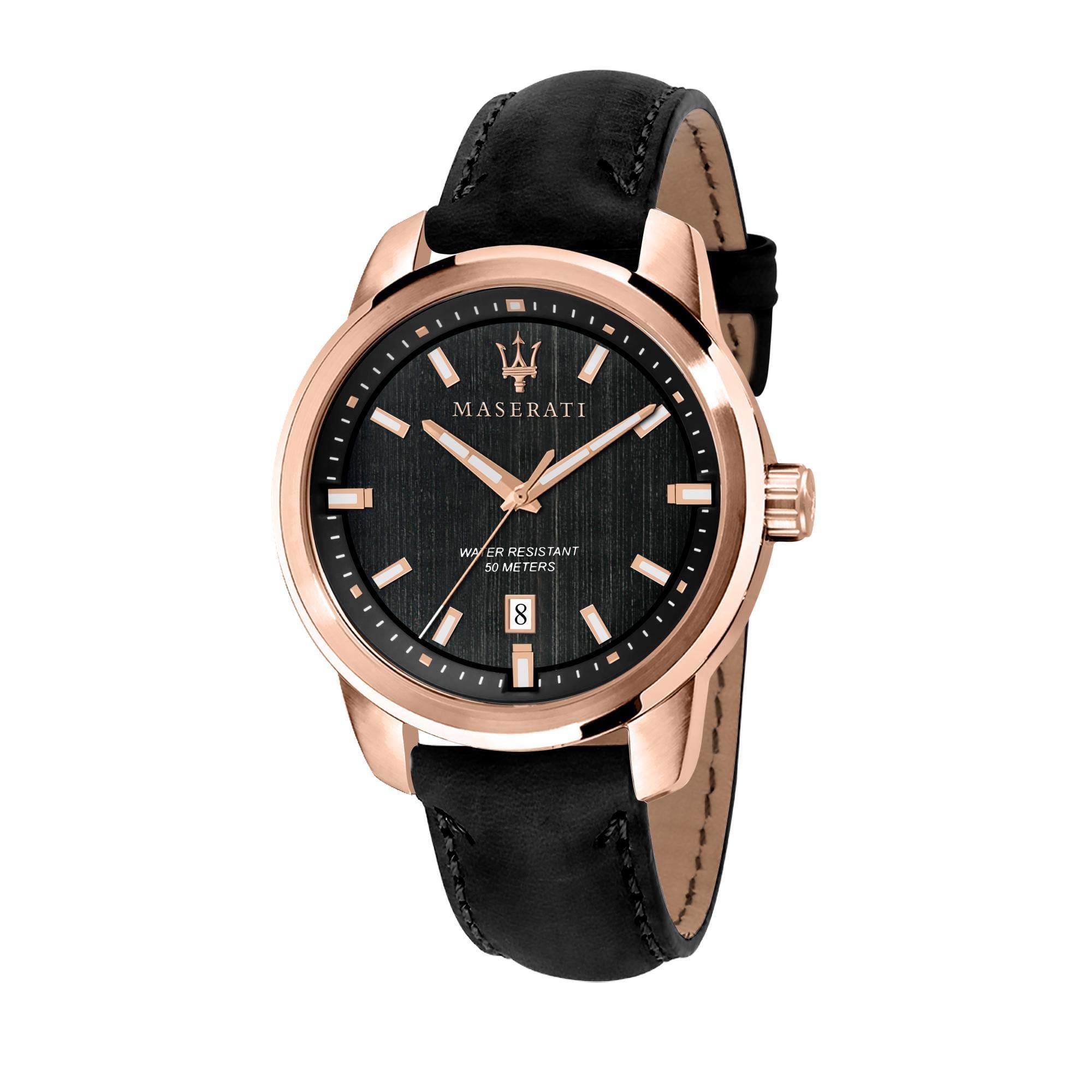 MaseratiReloj para Hombre, Colección Successo, con Movimiento de Cuarzo y función Solo Tiempo con Calendario, en Acero, pvd Oro Rosa y Cuero Natural - R8851121011