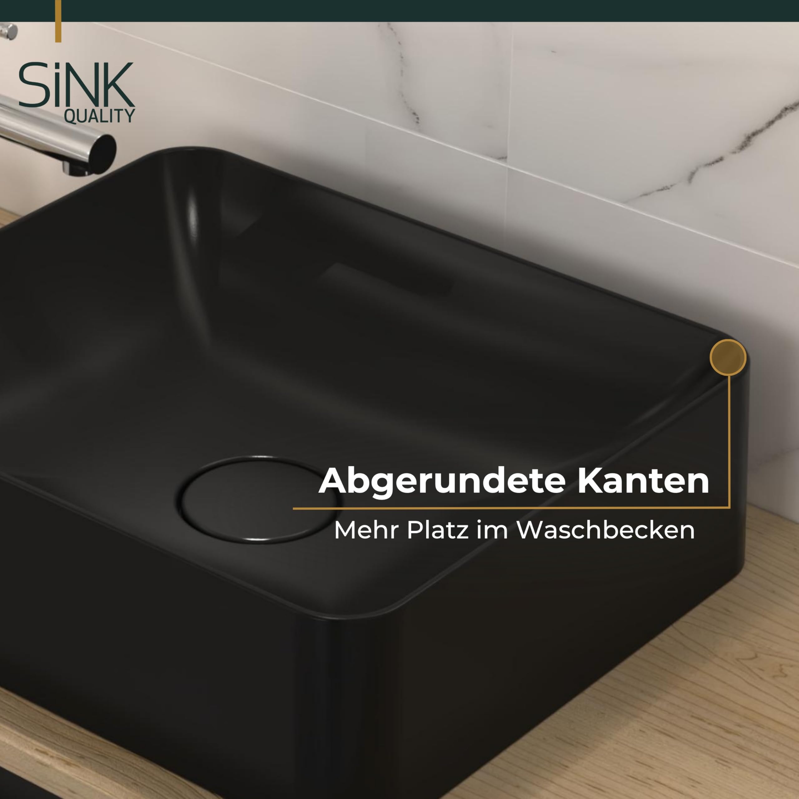 SINK Quality Umywalka nablatowa z otworem armaturowym 45 x 39 cm, czarna matowa – umywalka prostokątna z kompozytu kwarcowego S-QUARTZ, duża umywalka do łazienki, z pokrywą odpływu i zestawem syfonu