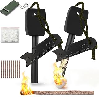33 Stück Ferrocerium Feuerstahl Set, Wasserdichter Survival Feuerstein | 6-in-1 Feuerstarter mit Zunderwattebällchen, Zündseilen & Überlebenspfeife, Feueranzünder für Camping, Wandern & Bushcraft