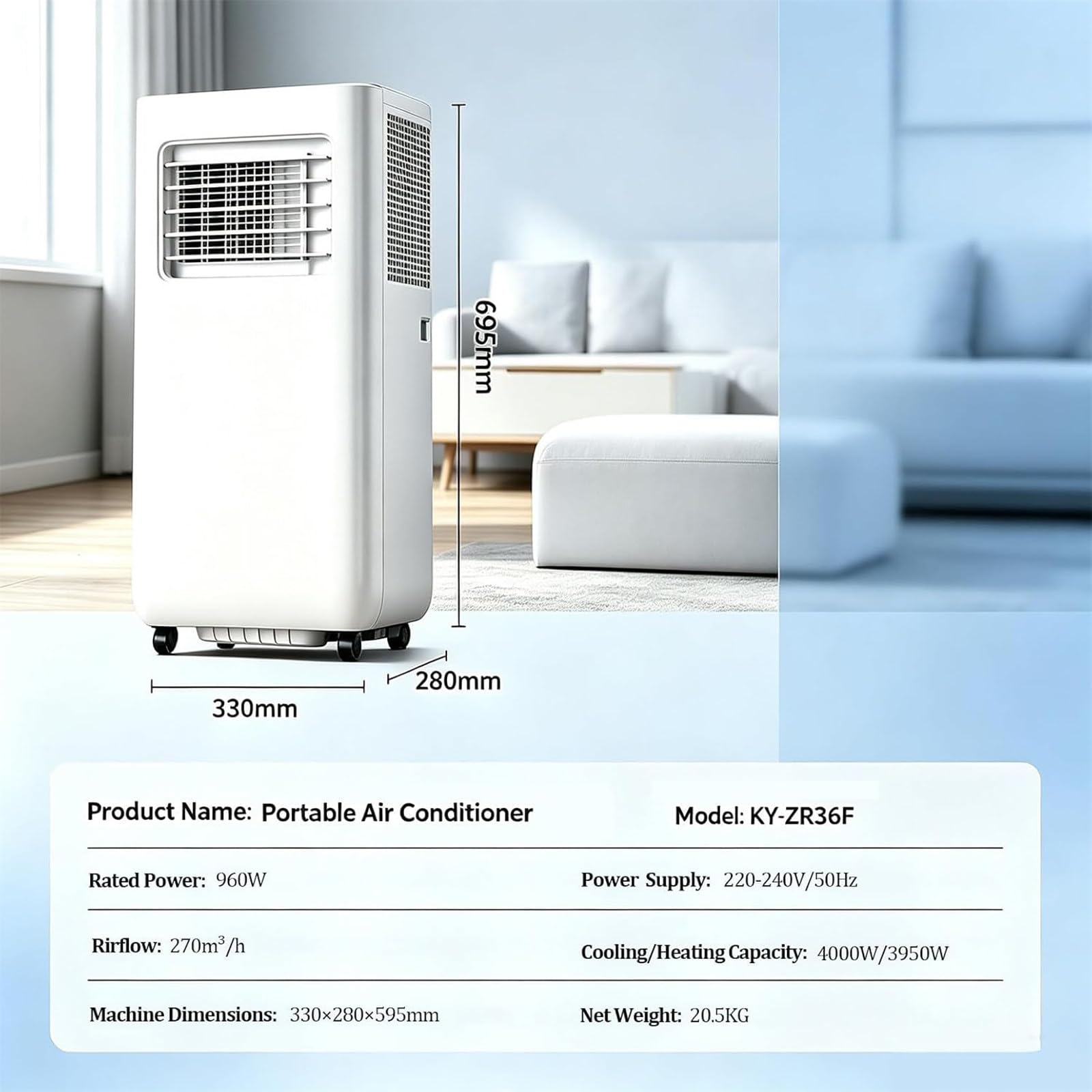 Condizionatore Portatile 12.000 Btu con Ruote E Telecomando, unità Mobile 4-in-1 con modalità Raffreddamento, Riscaldamento, Ventilazione E Deumidificazione per Soggiorno, Ufficio