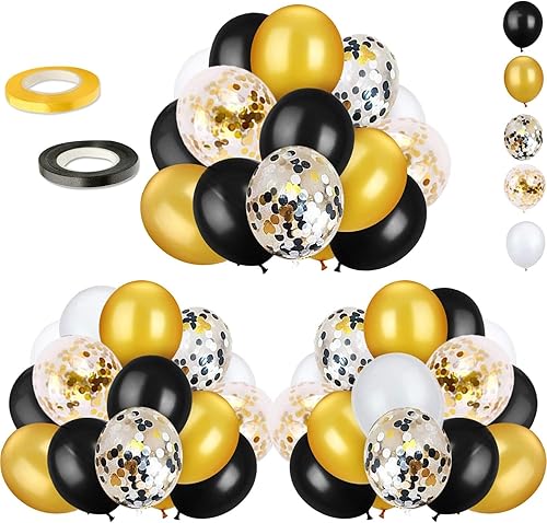 Kit de 72 globos de confeti negro y dorado, globos negros, dorados y blancos de 12 pulgadas y globos de confeti dorado con cintas para globos para