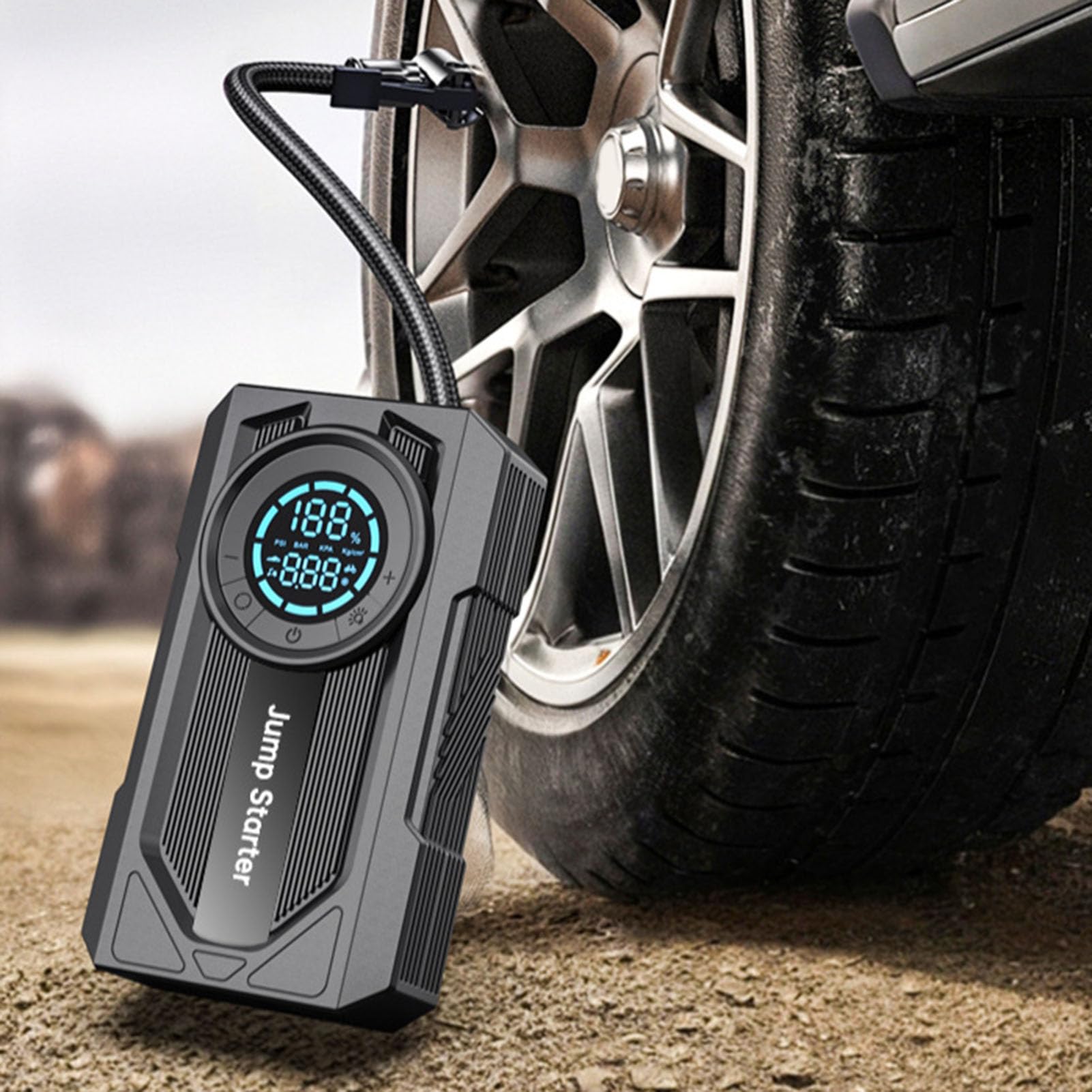 Arrancador de Emergencia para Coche de 2000 A, Banco de Energía Portátil con Compresor de Aire, Inflador de Neumáticos de 150 PSI, Luz LED de Carga Rápida de 45 W para Coche,