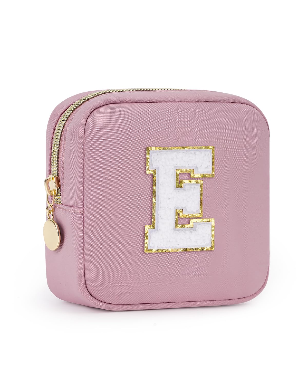 Wandering Nature Personalized Mini Initial Makeup Bag with Glitter Chenille Letter Patch, Small Preppy Makeup Bag with Slip-In Pockets, Ideal Gift for