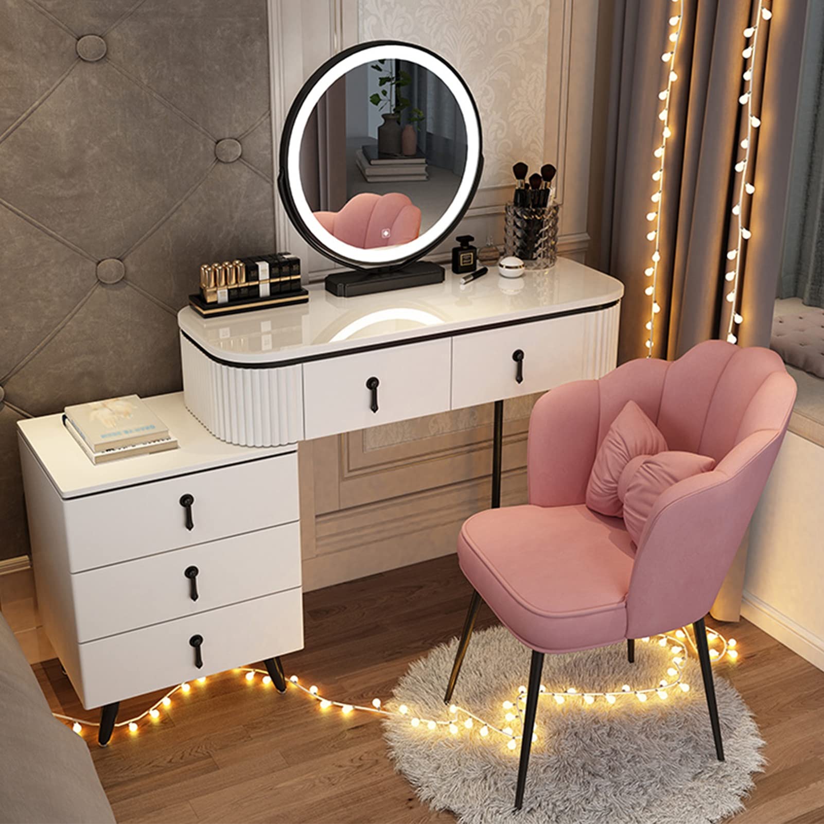 CGCSYZ Makeup Vanity Desk, Dressing Table Set, Vanity Table Cushioned Stool Set, with Mirror and Lights and Drawers, 3 Color Lighting Modes, for Women Girls Dresser(White+black Edge-100cm/39.3in)