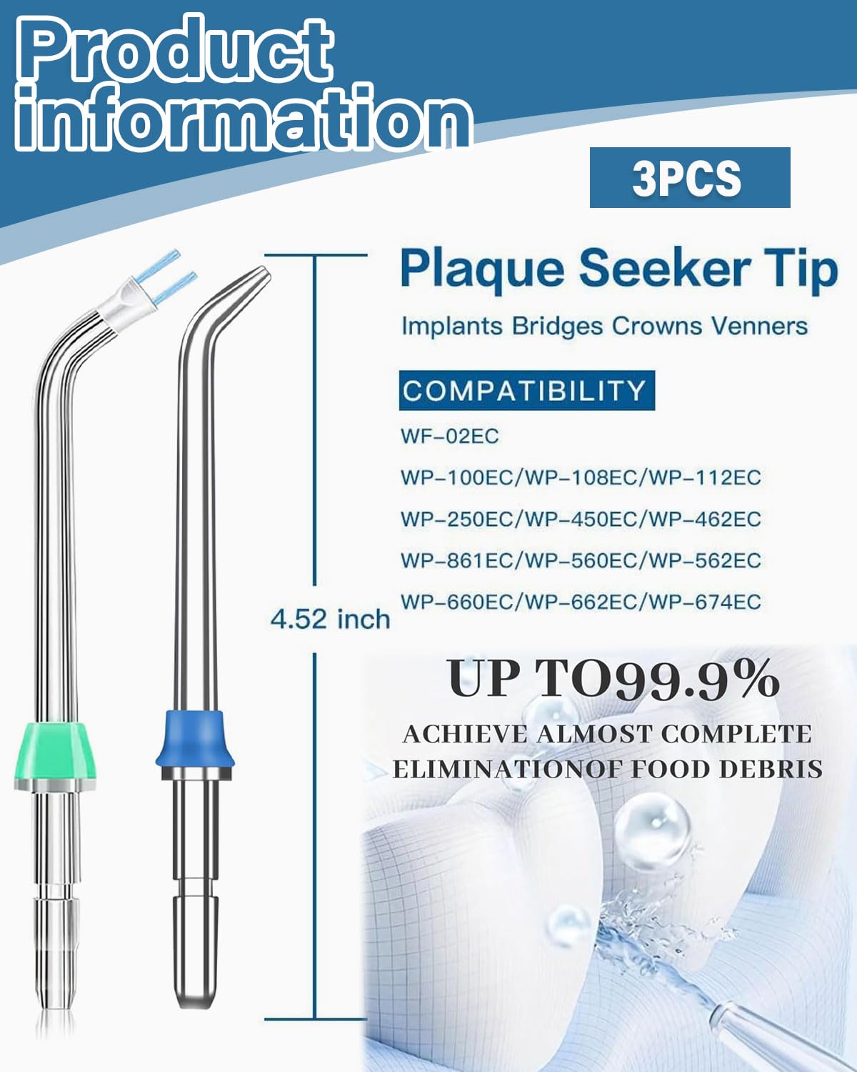 Set di 3 Punte di Ricambio per Idropulsore Dentale, Ugelli Compatibili con perWaterpi WP-100, WP-660 e Altri Modelli, Accessori per Irrigatori Orali, Spruzzo Acqua Dentario