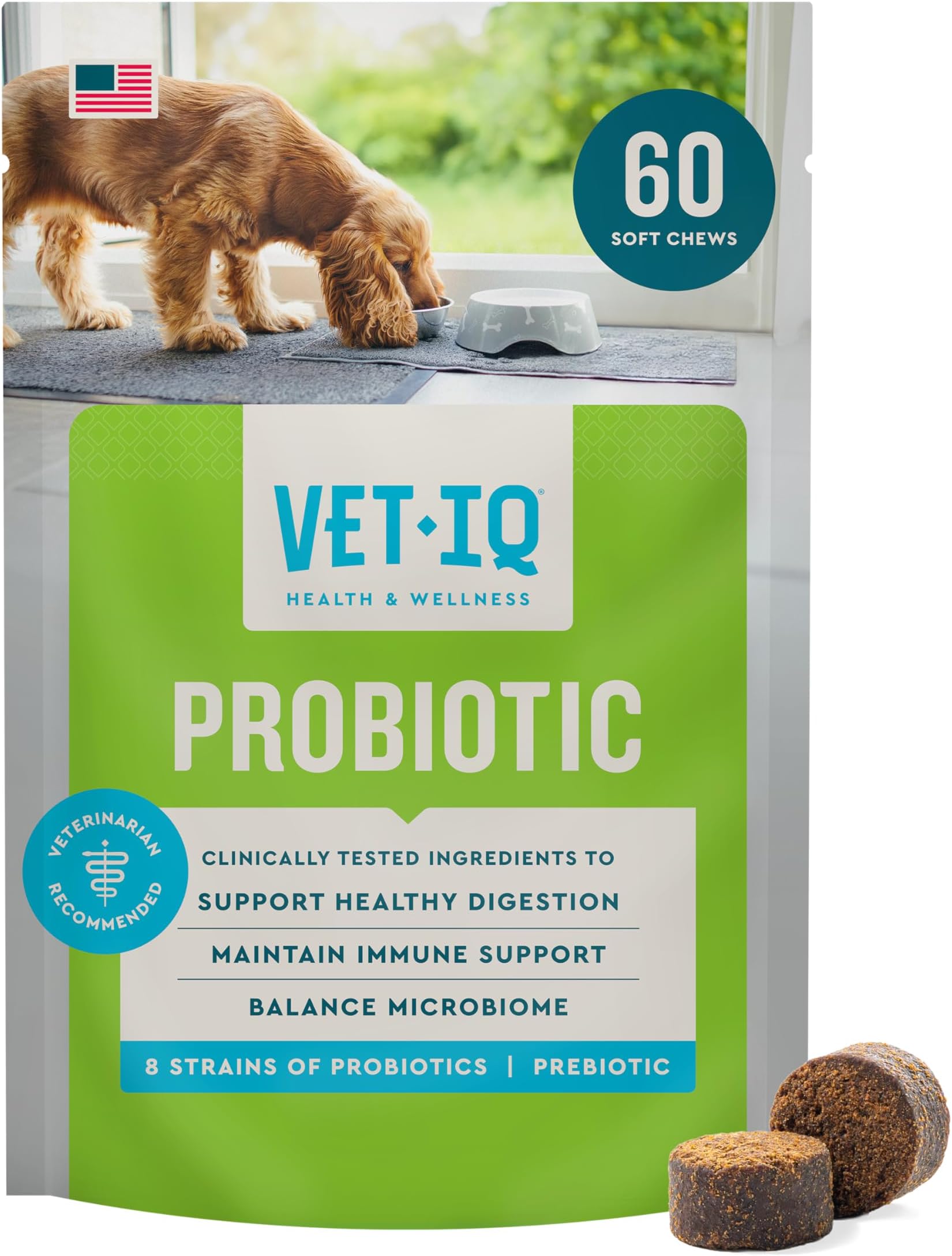 Probiotic Supplement for Dogs, Digestive Support for Dogs, Nourishes Gut Bacteria and Supports Bowel Function, Hickory Smoke Flavor, Made in The USA, 60 Count