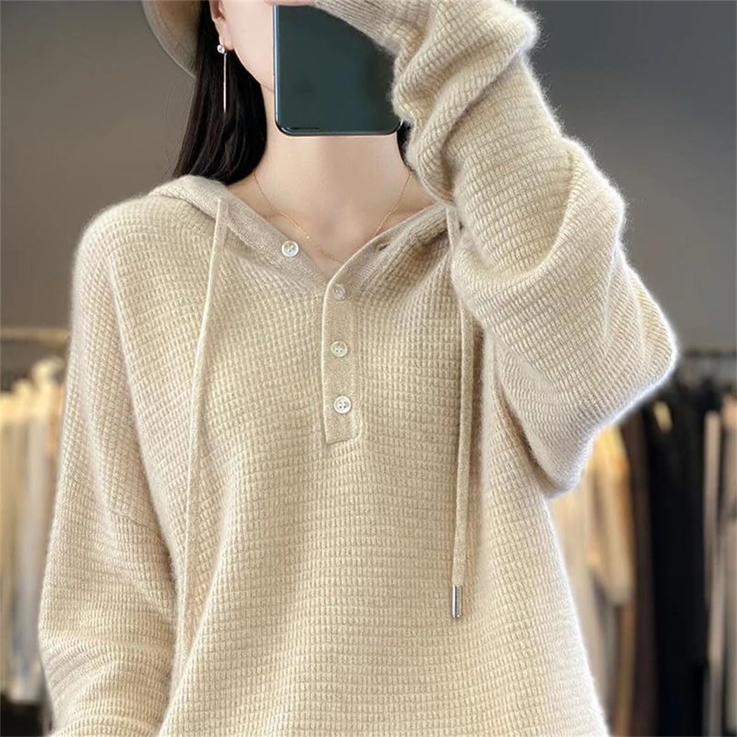 Women's 100% Merino Wool Sweater Long Sleeve Drawstring Buttons Knitted Hoodie Fashion Soft Warm Sweatshirt