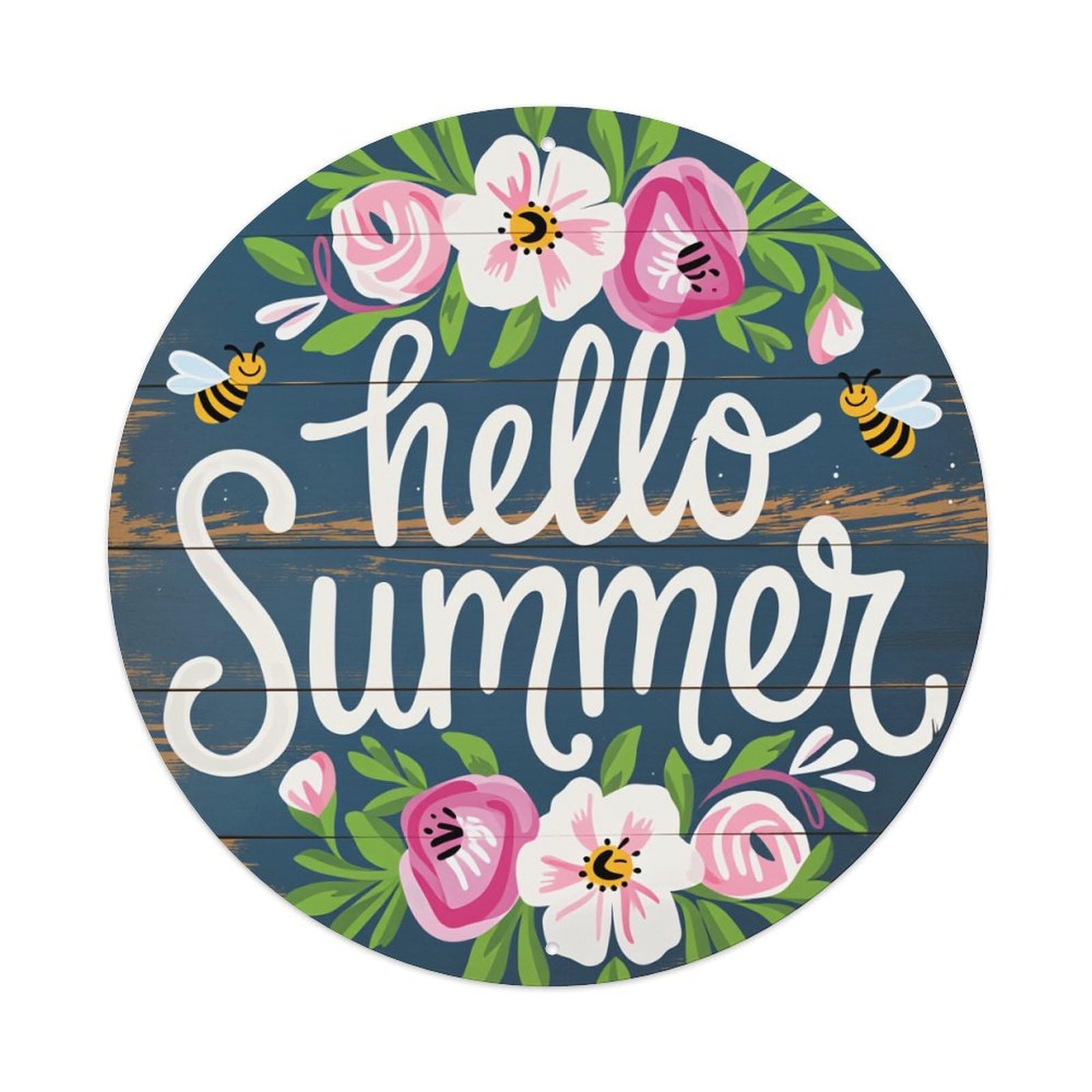 Hello Summer Floral Bee Pattern Print Round Vintage Tin Sign,Retro Wall Art,Metal Poster for Home, Bar, Garage, Cafe, Rustic Indoor & Outdoor Decor, 8x8 Inches
