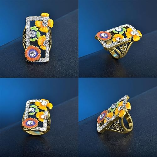 Miniatura 2 de Unique Big Rectangle Resin Enamel Flower Wide Funky Ring,Handmade Floral Full Finger Chunky Long Ring,Yellow Gold Plated Large Square Cocktail Party