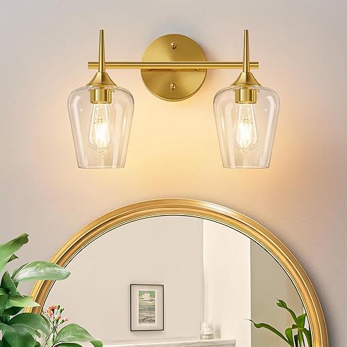 Lámparas de baño de 2 luces, luces de tocador doradas para baño con vidrio transparente, accesorios de iluminación de baño sobre espejo, lámpara de