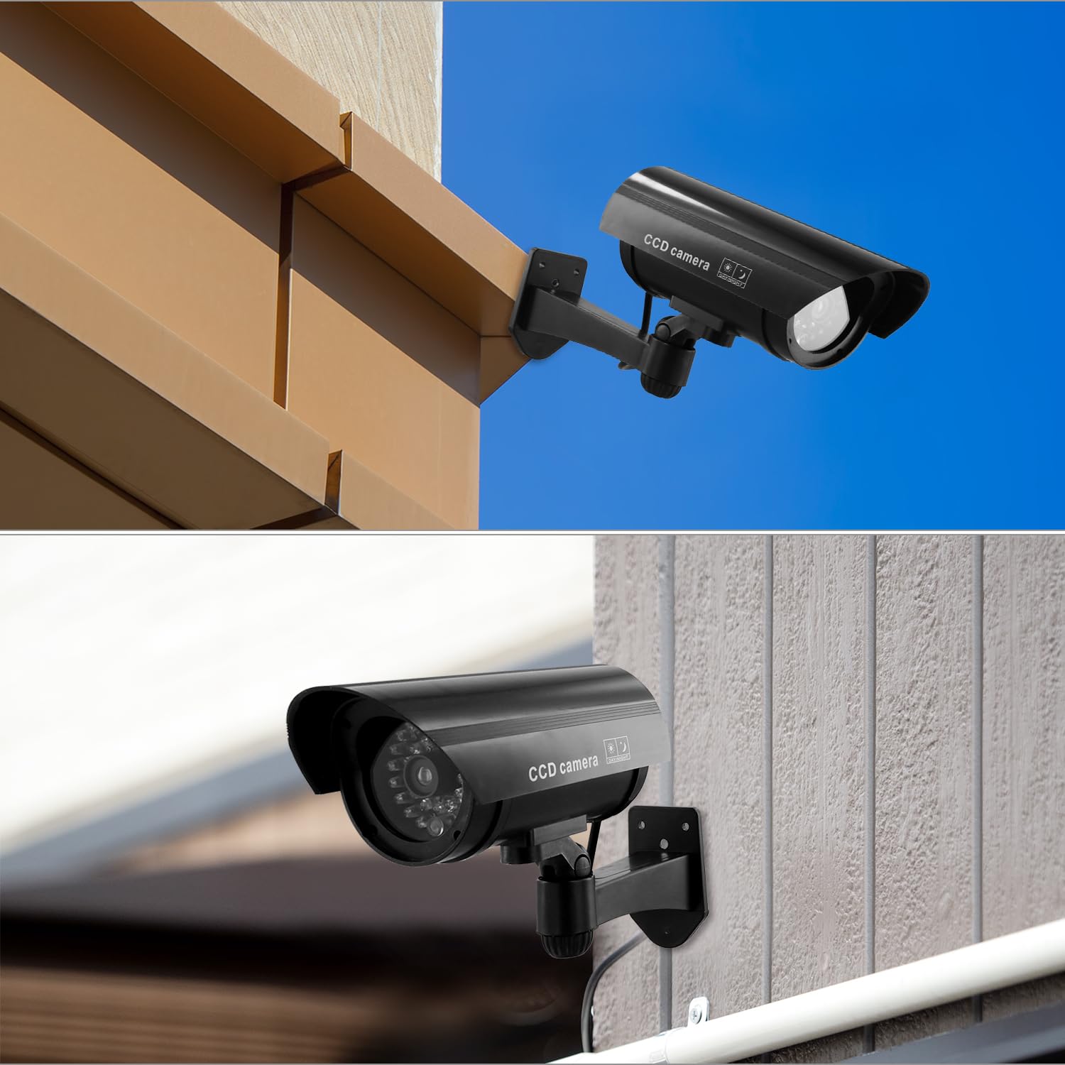 QWORK® 4 Stück schwarze Attrappen-Überwachungskameras mit rotem Blinklicht, wasserdichte Kugelform, für den Innen- und Außenbereich, inklusive CCTV-Schilder und Schrauben, keine Batterien im