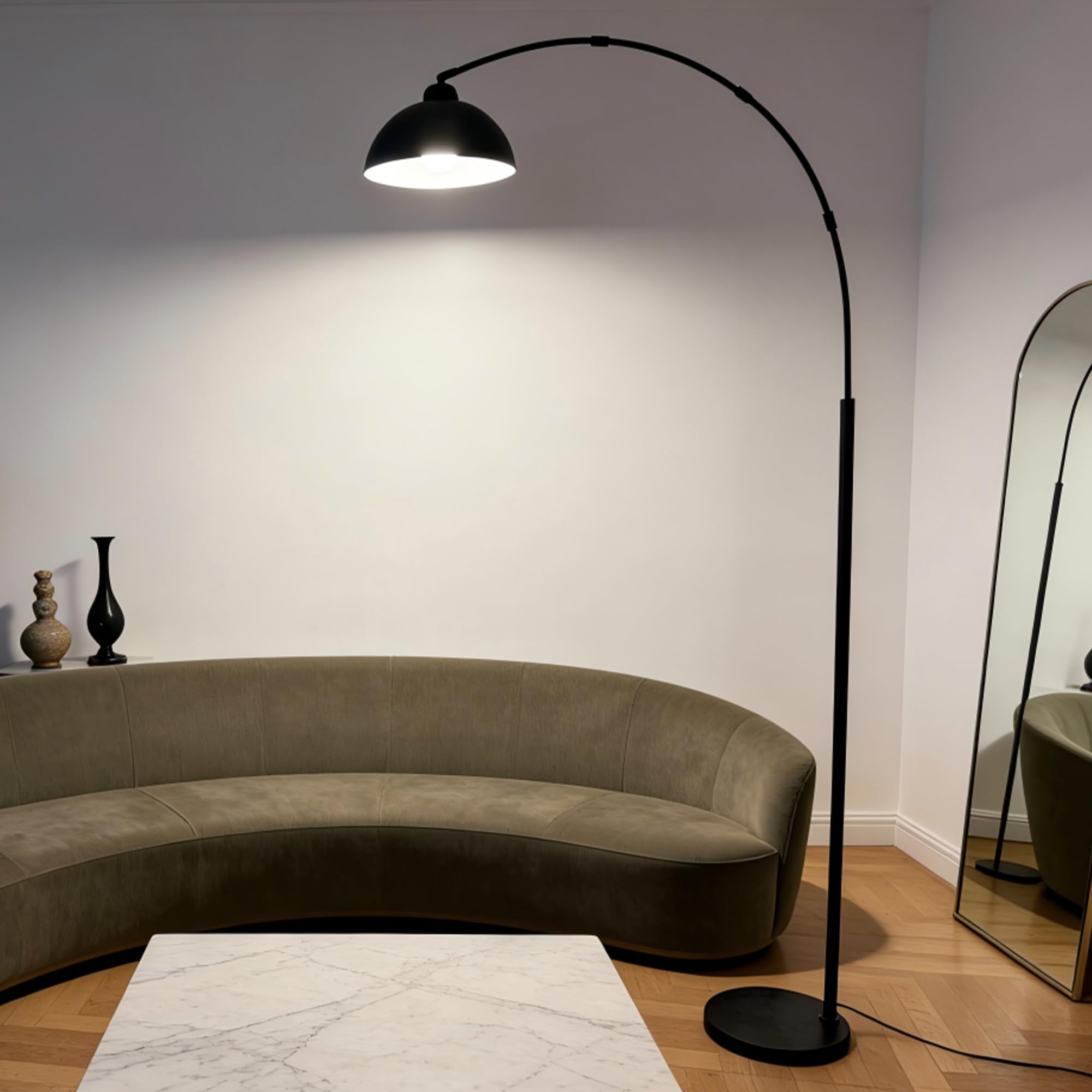 Lámpara de Pie Arco 204 cm Negra para Salón, Lámpara de Pie Moderna con Base Metálica 30 cm 5 kg Estable, Pantalla de Aluminio Ajustable, Montaje Rápido en 5 Minutos, Casquillo E27 (Sin Bombilla)