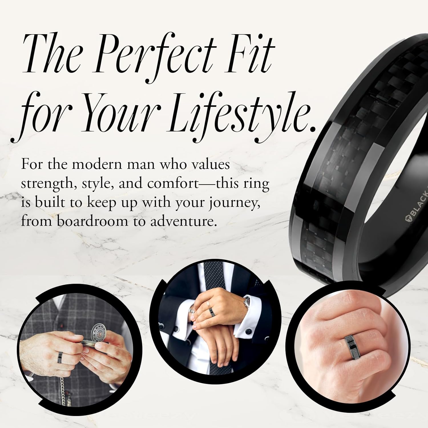 Thorsten Mens Black Titanium Carbon Fiber Ring | Inlaid, Beveled Comfort Fit | Carbon Fiber Titanium Band for Men | Durable, Sleek | OXYN | 6mm & 8mm Wide | Stylish, Available in Multiple Size