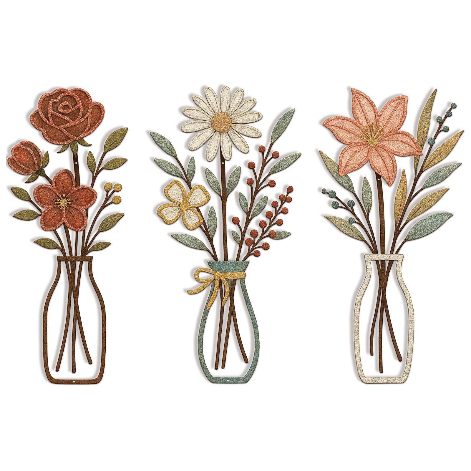 Tsophreniq 3Pieces Metal Flowers Wall Art Rustics Farmhouse Styles Decors Flower Hanging Sculptures Housewarming Women Flower Decors