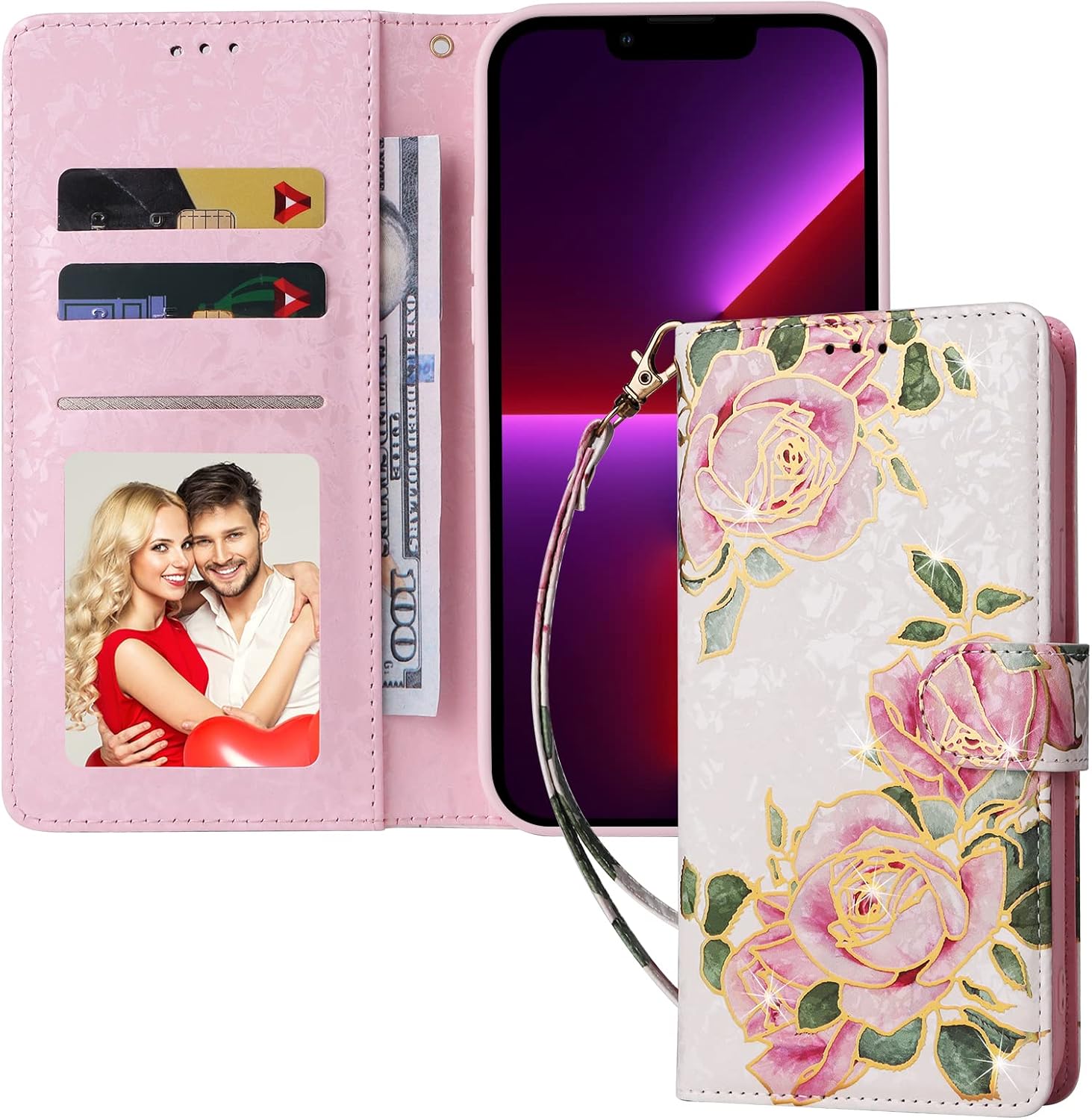 UEEBAI Wallet Case for Samsung Galaxy S22 Ultra 5G, PU Leather Kickstand RFID Blocking Flip With Card Slots, Wrist Strap, Relief Engraved Pattern, Magnetic Closure - White Rose Flower Folio - Image 5