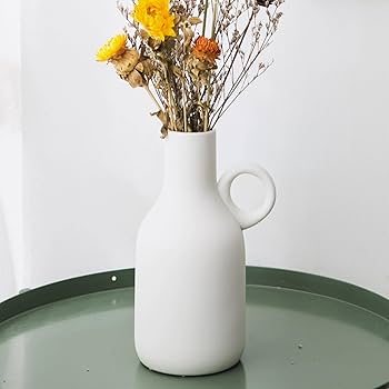 Amazon.co.jp: ホワイトセラミックピッチャー花瓶 ラウンドハンドル