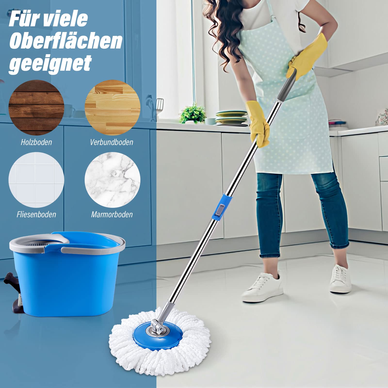 Myiosus Juego de Fregona y Cubo, Cabeza Giratoria 360° y Escurridor, Mopas de Limpieza de Suelos con 5 Almohadillas de Microfibra,Cubo Escurridor con Pedal