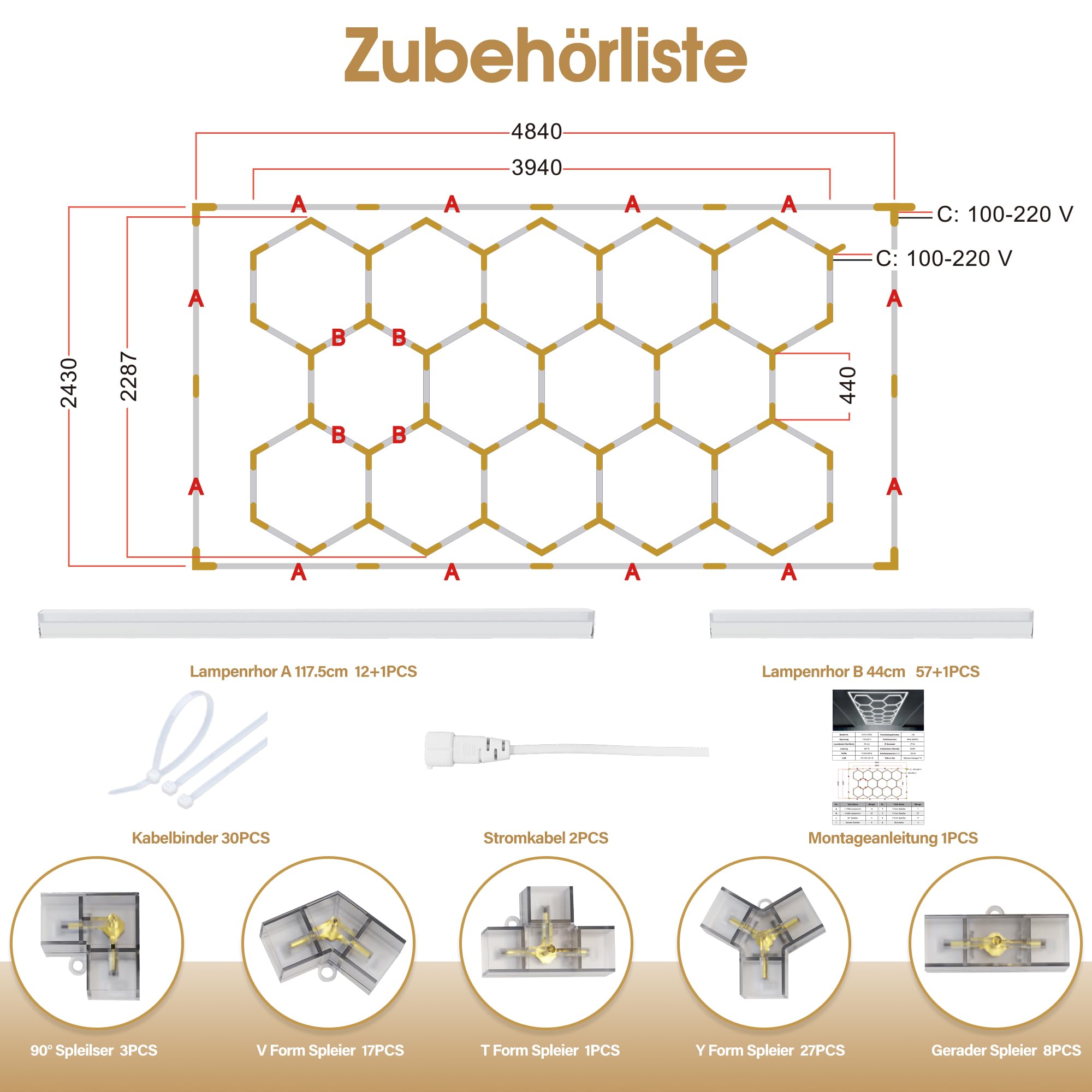 Barberpub Hexagon LED Garage Light, 68970LM 6500K Hexagon LED Beleuchtung für Werkstatt, Friseursalon, 14 Grid, dimmbar (Aluminium)