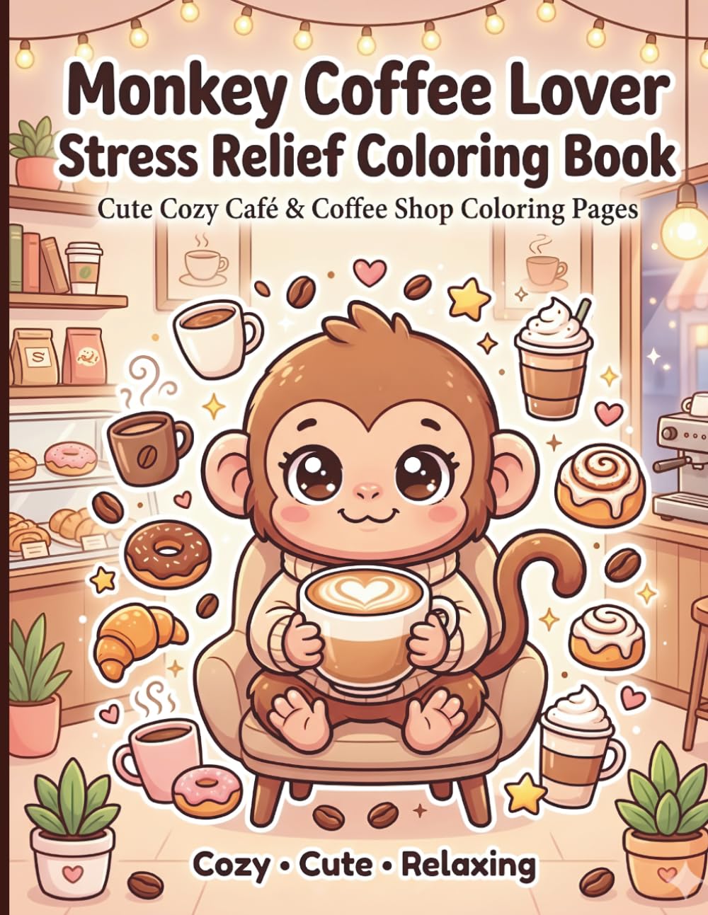 Monkey Coffee Lover Stress Relief Coloring Book: Cute Cozy Baby Monkeys, Café Drinks & Relaxing Coffee Shop Coloring Pages